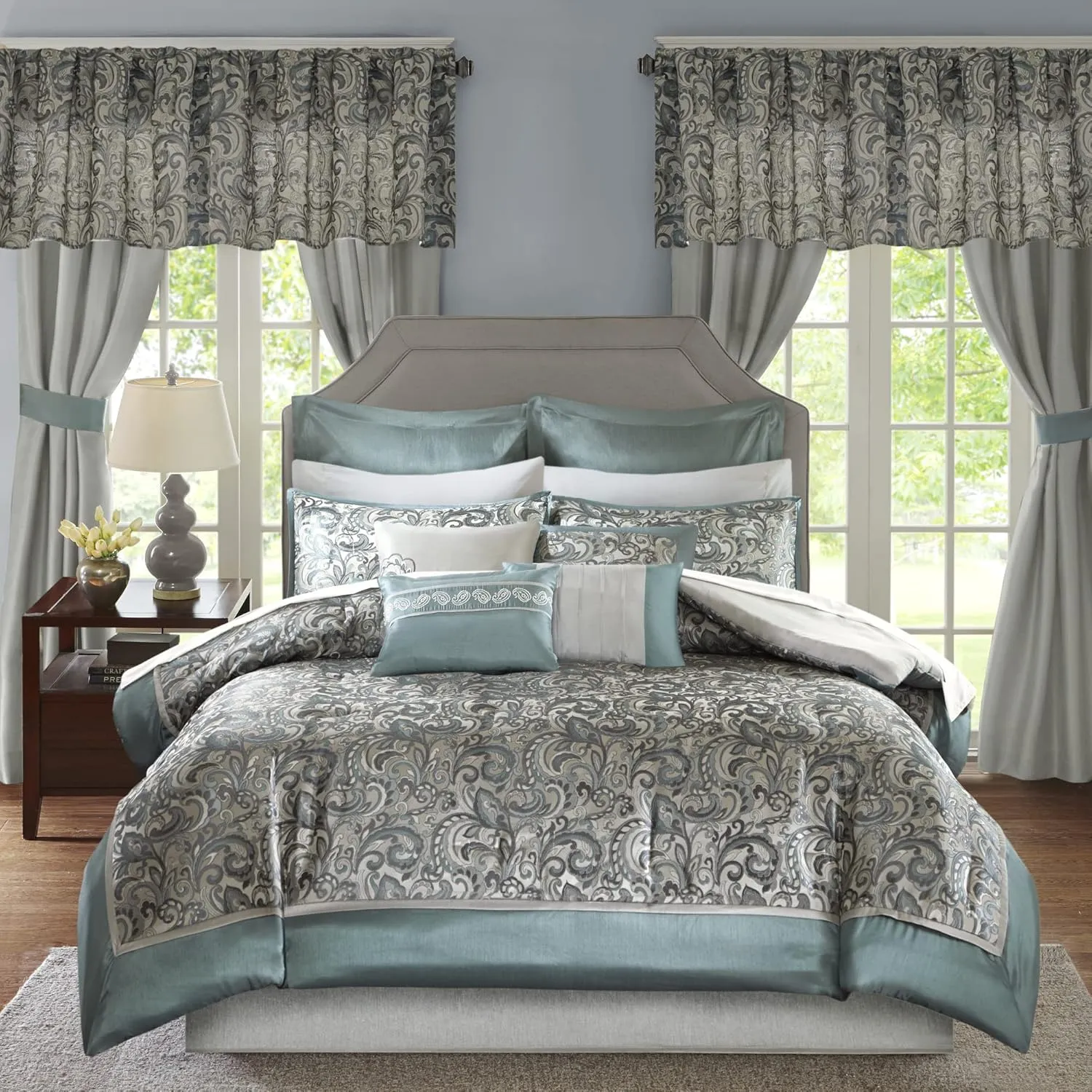 Madison Park Essentials Brystol 24 Piece Room in a Bag Faux Silk Comforter Jacquard Paisley Design Matching Curtains Down Alternative Hypoallergenic All Season Bedding-Set, King (104 in x 92 in), Teal