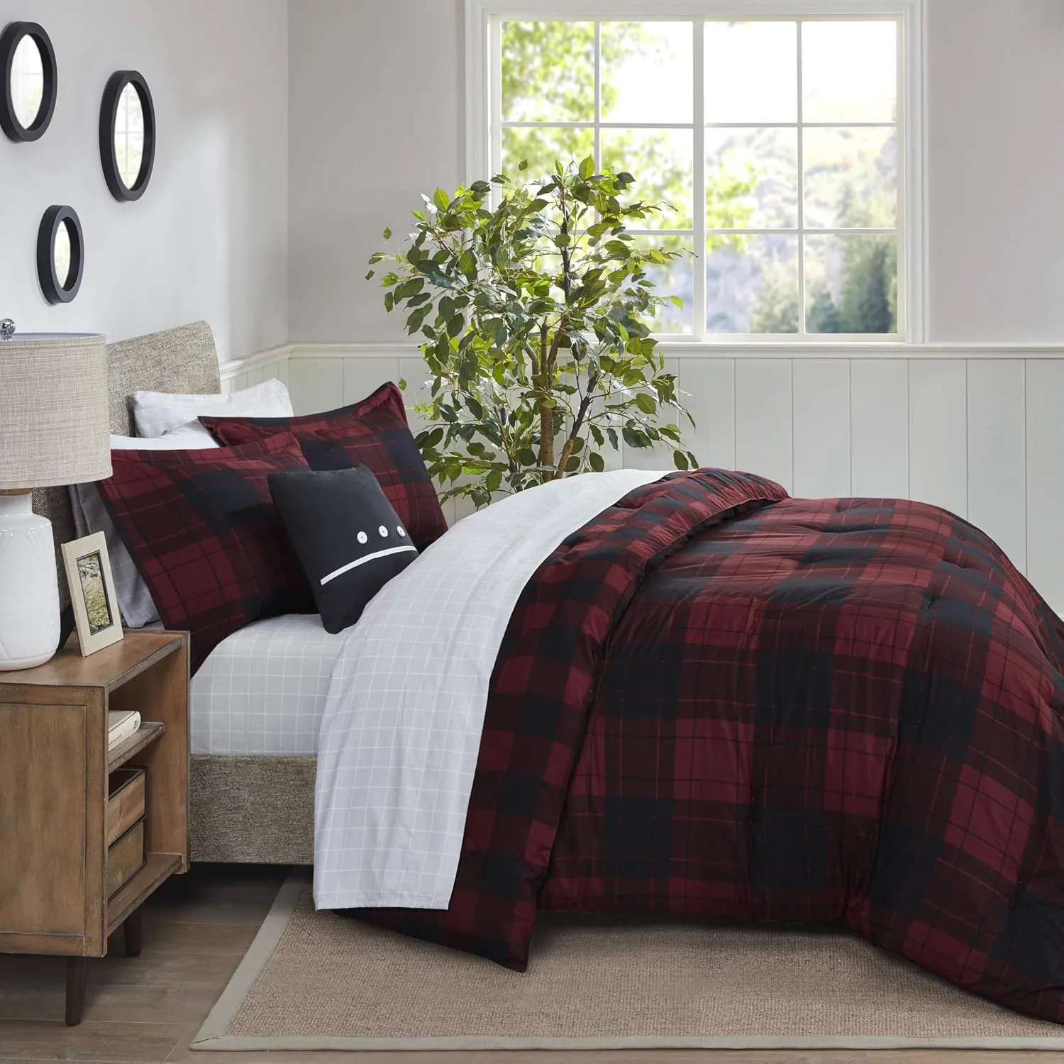 Madison Park Essentials Cozy Bed in A Bag - Reversible Comforter with Complete Sheet Set, Casual Plaid Cabin Design, All Season Cover, Decorative Pillow, Everest Plaid Red King(104"x92") 8 Piece