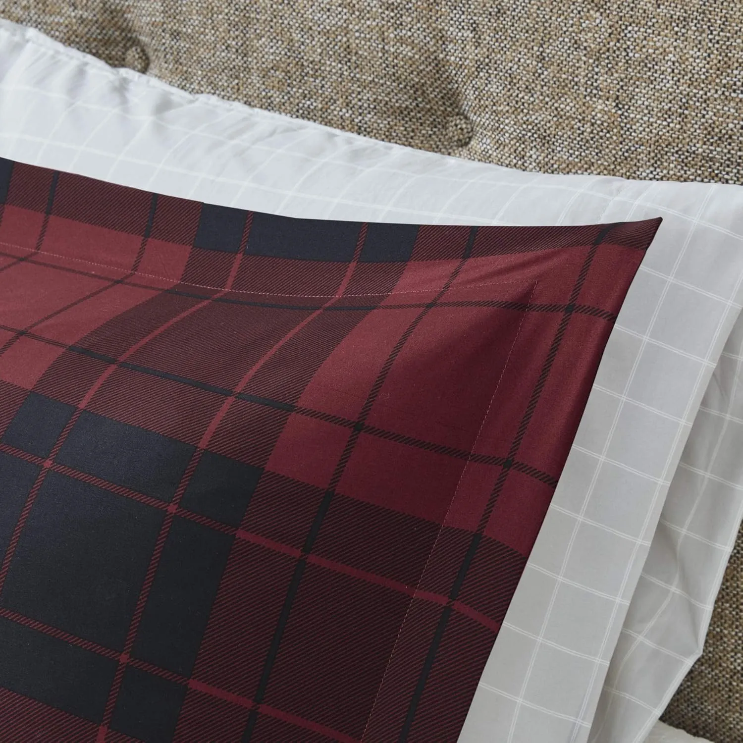 Madison Park Essentials Cozy Bed in A Bag - Reversible Comforter with Complete Sheet Set, Casual Plaid Cabin Design, All Season Cover, Decorative Pillow, Everest Plaid Red King(104"x92") 8 Piece