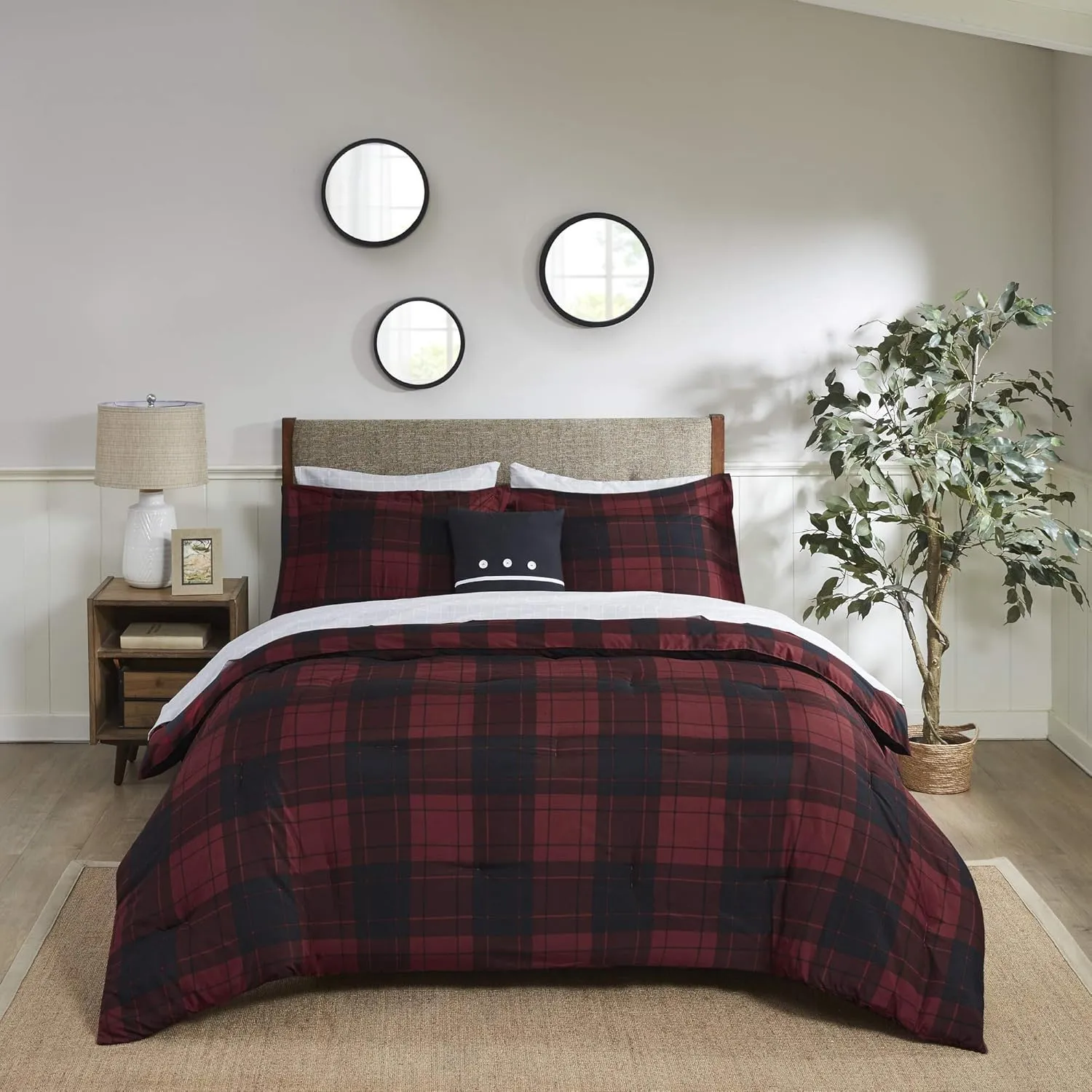 Madison Park Essentials Cozy Bed in A Bag - Reversible Comforter with Complete Sheet Set, Casual Plaid Cabin Design, All Season Cover, Decorative Pillow, Everest Plaid Red King(104"x92") 8 Piece