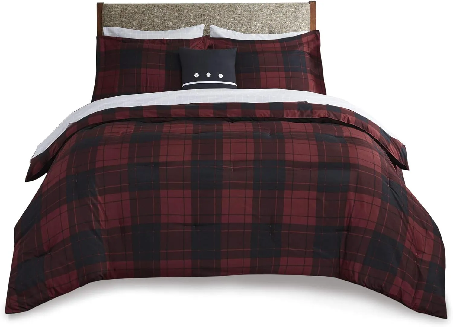 Madison Park Essentials Cozy Bed in A Bag - Reversible Comforter with Complete Sheet Set, Casual Plaid Cabin Design, All Season Cover, Decorative Pillow, Everest Plaid Red King(104"x92") 8 Piece