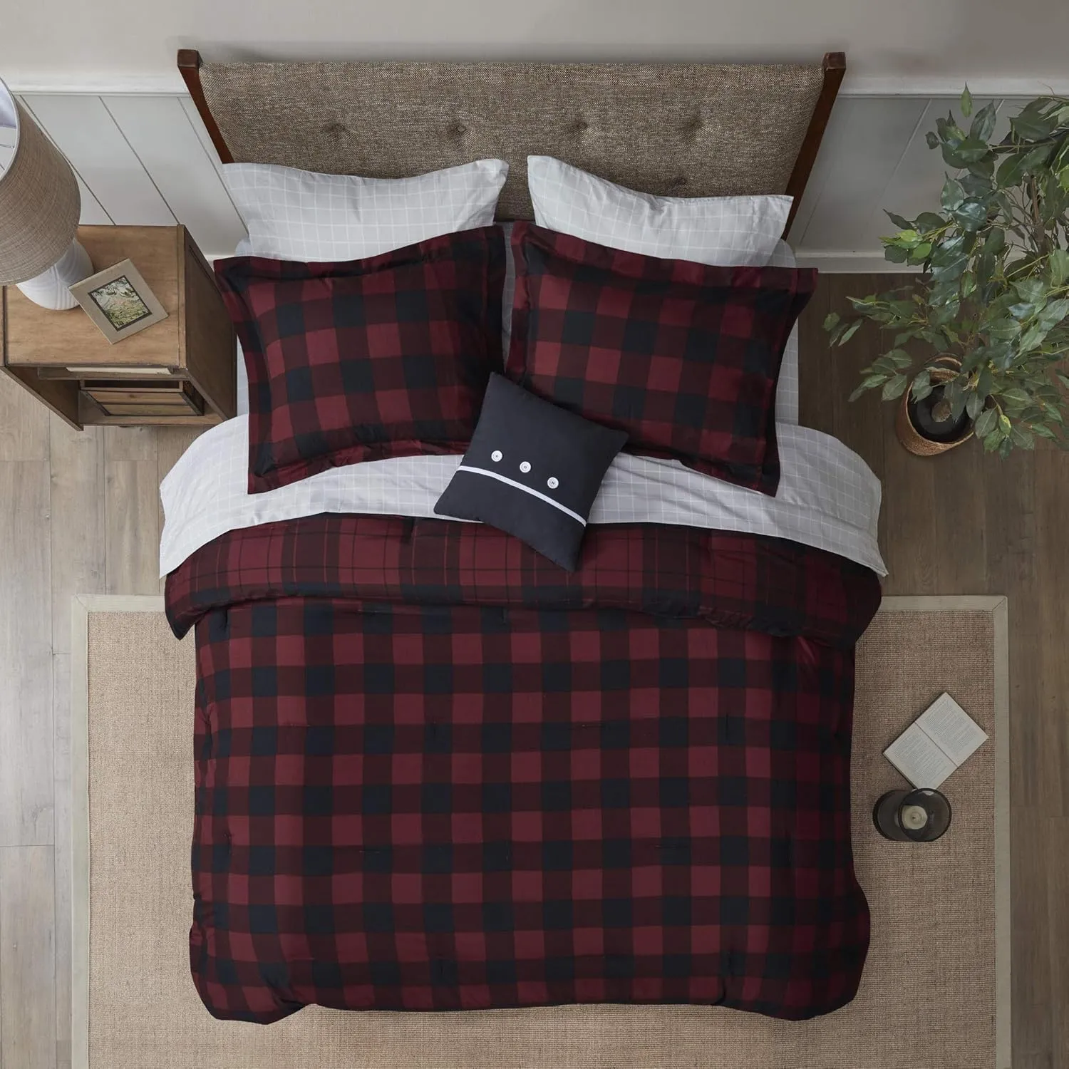 Madison Park Essentials Cozy Bed in A Bag - Reversible Comforter with Complete Sheet Set, Casual Plaid Cabin Design, All Season Cover, Decorative Pillow, Everest Plaid Red King(104"x92") 8 Piece
