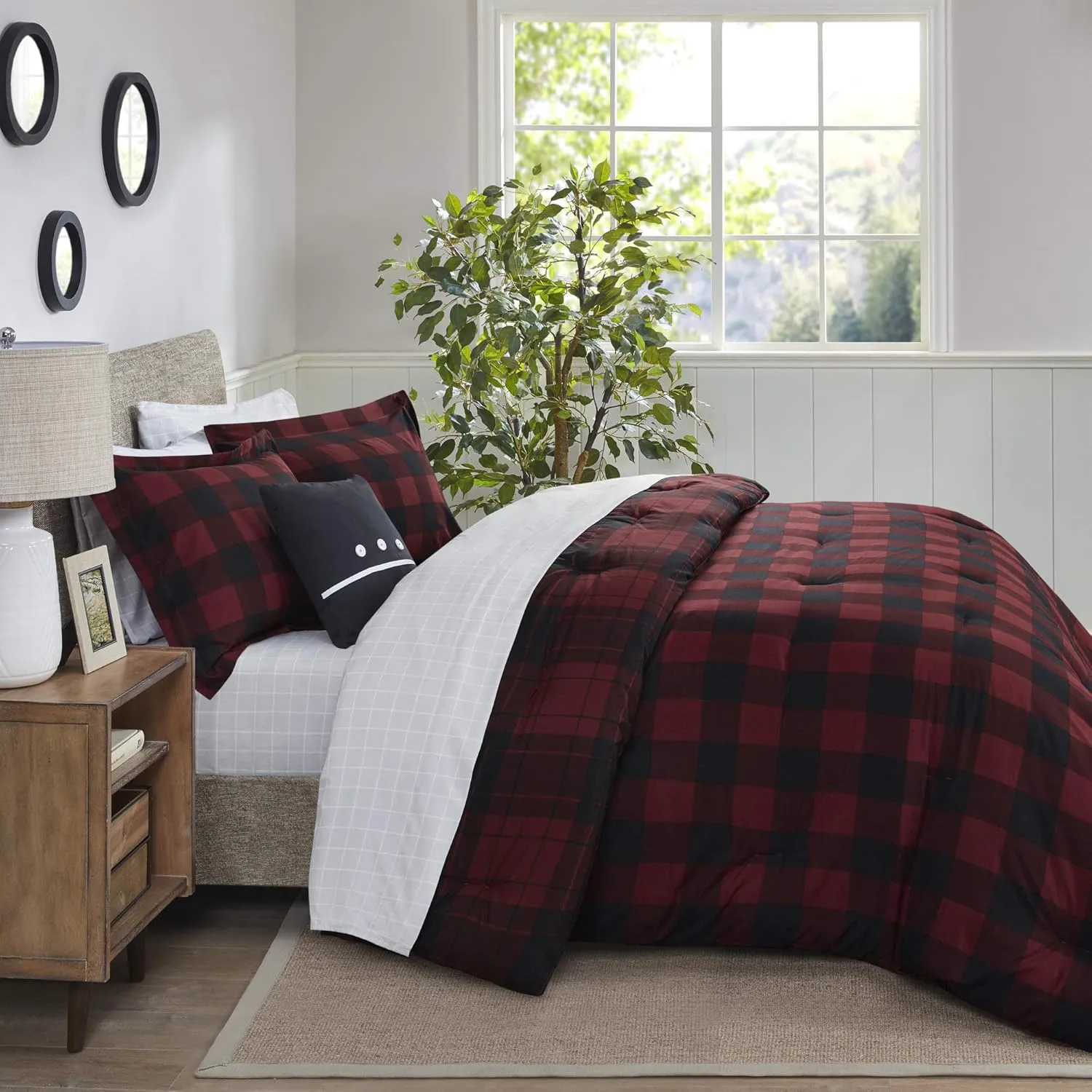 Madison Park Essentials Cozy Bed in A Bag - Reversible Comforter with Complete Sheet Set, Casual Plaid Cabin Design, All Season Cover, Decorative Pillow, Everest Plaid Red King(104"x92") 8 Piece