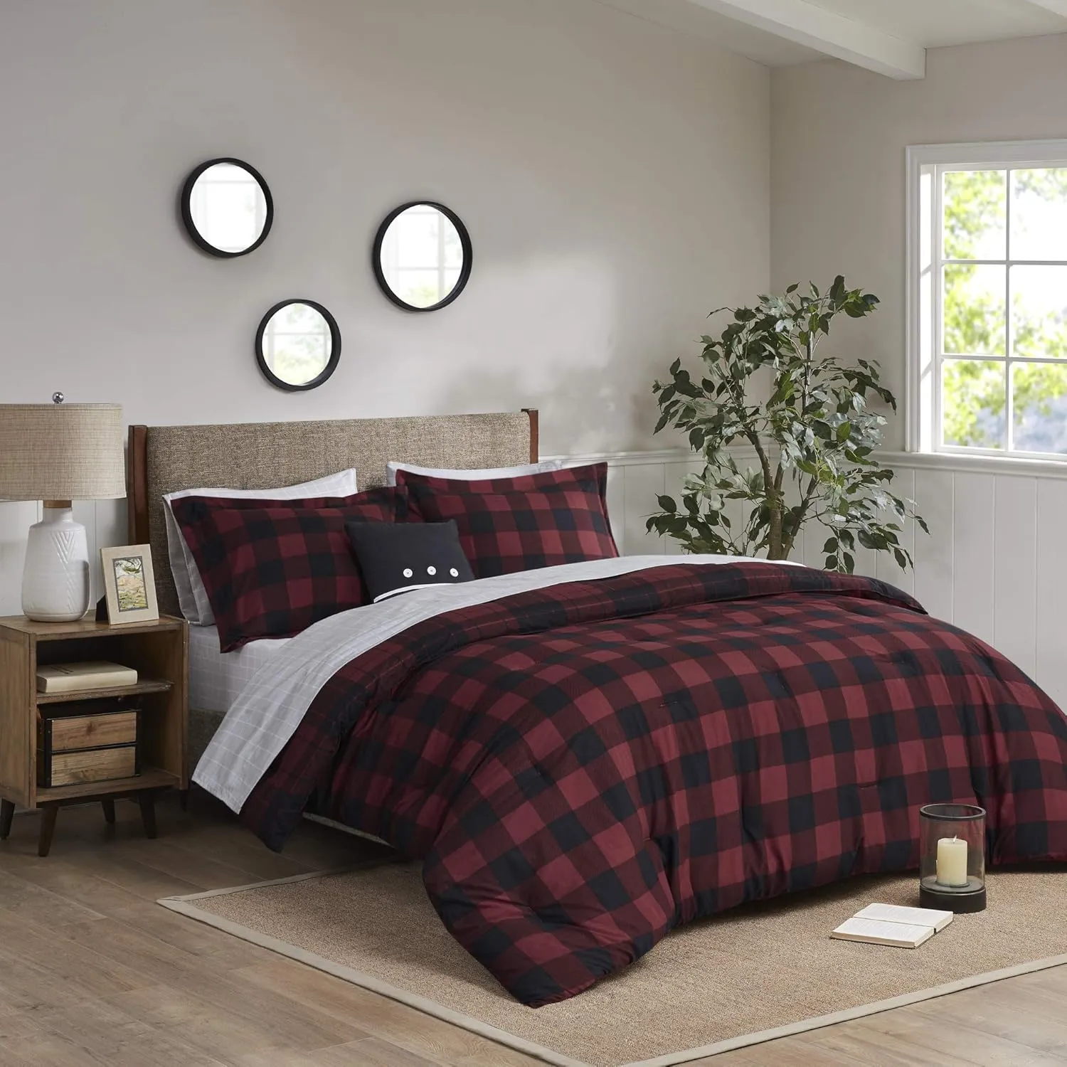 Madison Park Essentials Cozy Bed in A Bag - Reversible Comforter with Complete Sheet Set, Casual Plaid Cabin Design, All Season Cover, Decorative Pillow, Everest Plaid Red King(104"x92") 8 Piece