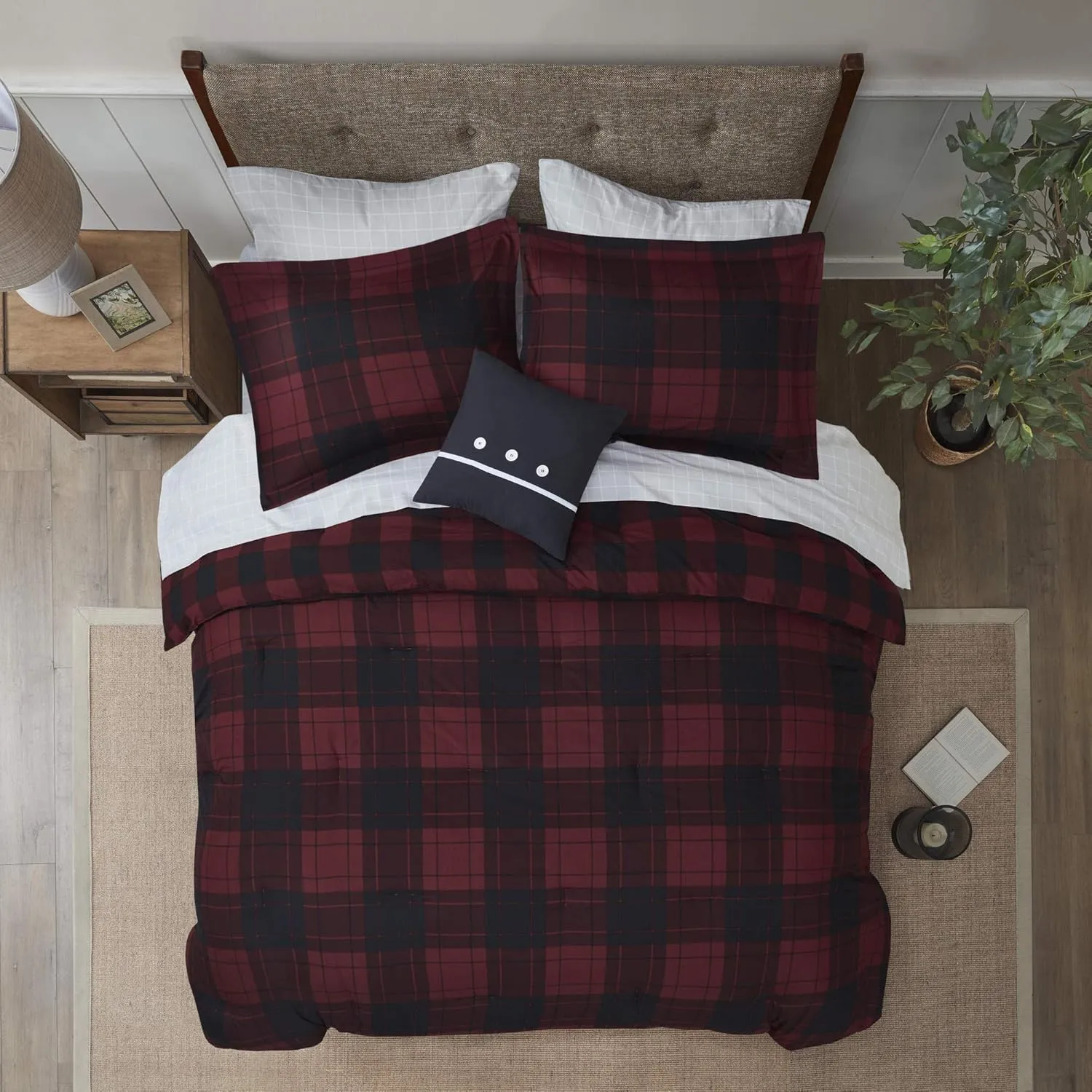 Madison Park Essentials Cozy Bed in A Bag - Reversible Comforter with Complete Sheet Set, Casual Plaid Cabin Design, All Season Cover, Decorative Pillow, Everest Plaid Red King(104"x92") 8 Piece