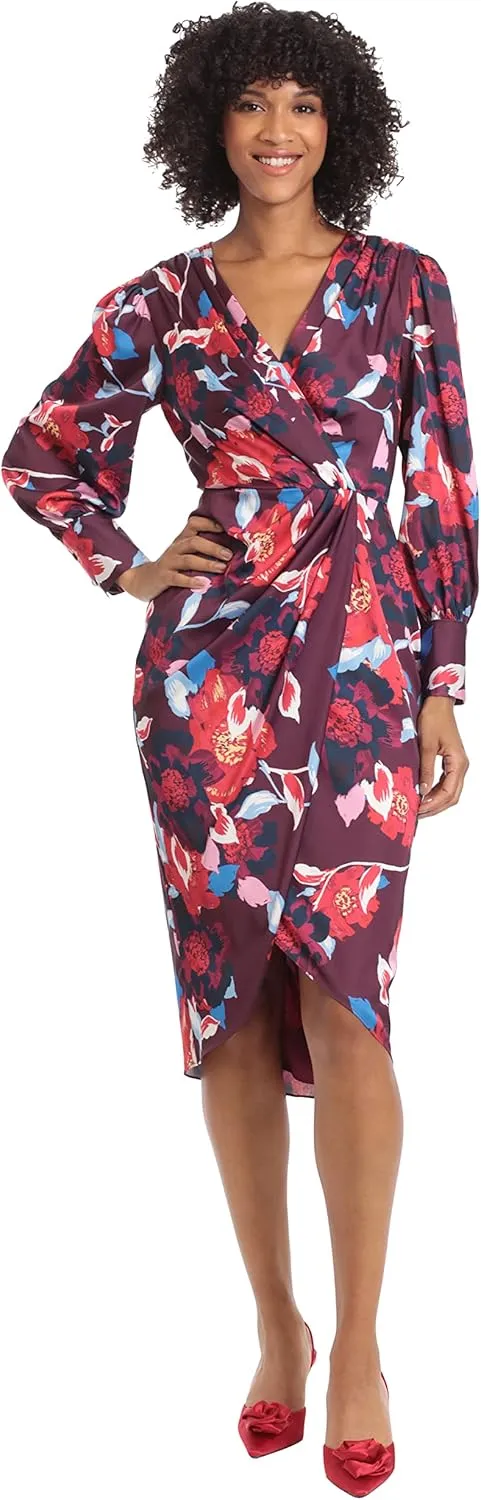 Maggy London Women's Plus Size V-Neck Surplus Bodice Faux Wrap High-Low Dress Event Occasion Guest of Wedding