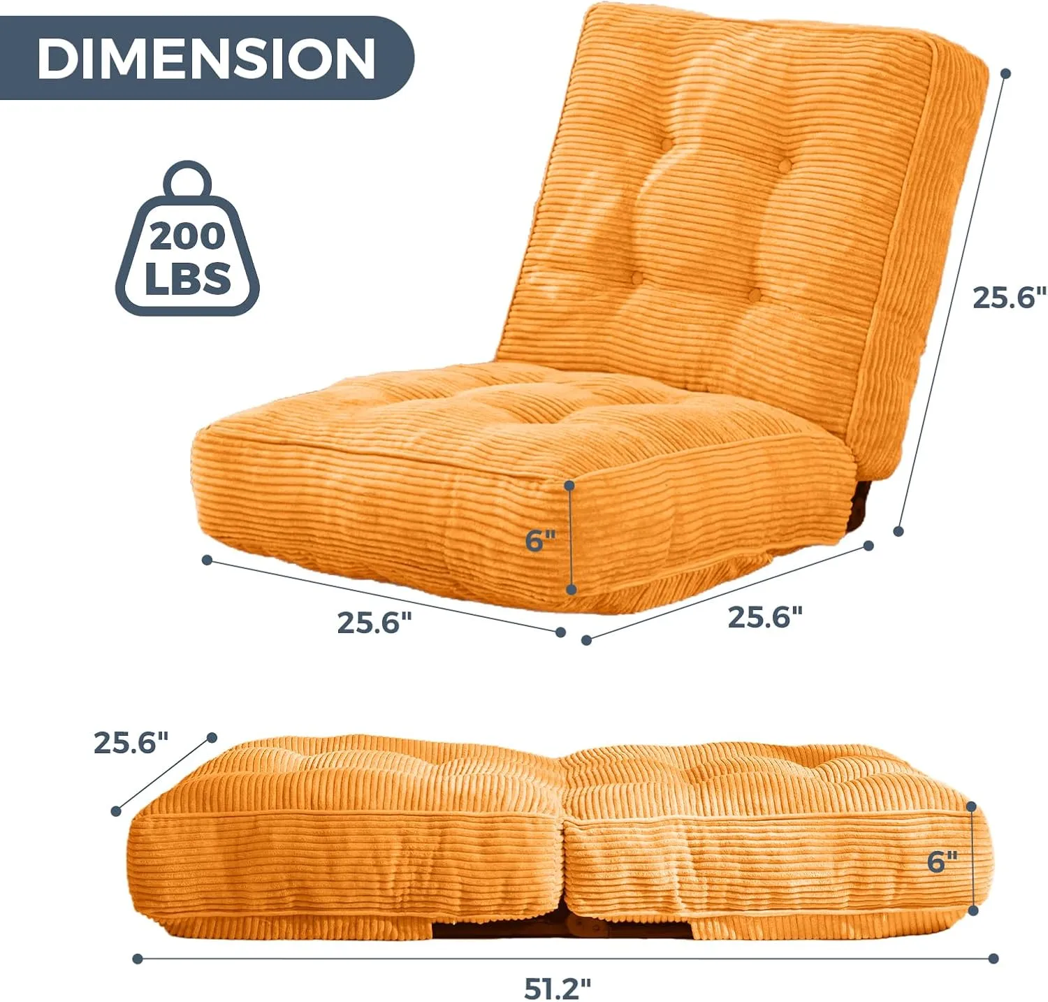 MAXYOYO Adjustable Floor Chair with Back Support, Gaming Floor Meditation Chair with Tufted Cushion, Adults Lounge Couch Folding Sofa Seat for Reading Meditating Sleeping, Orange