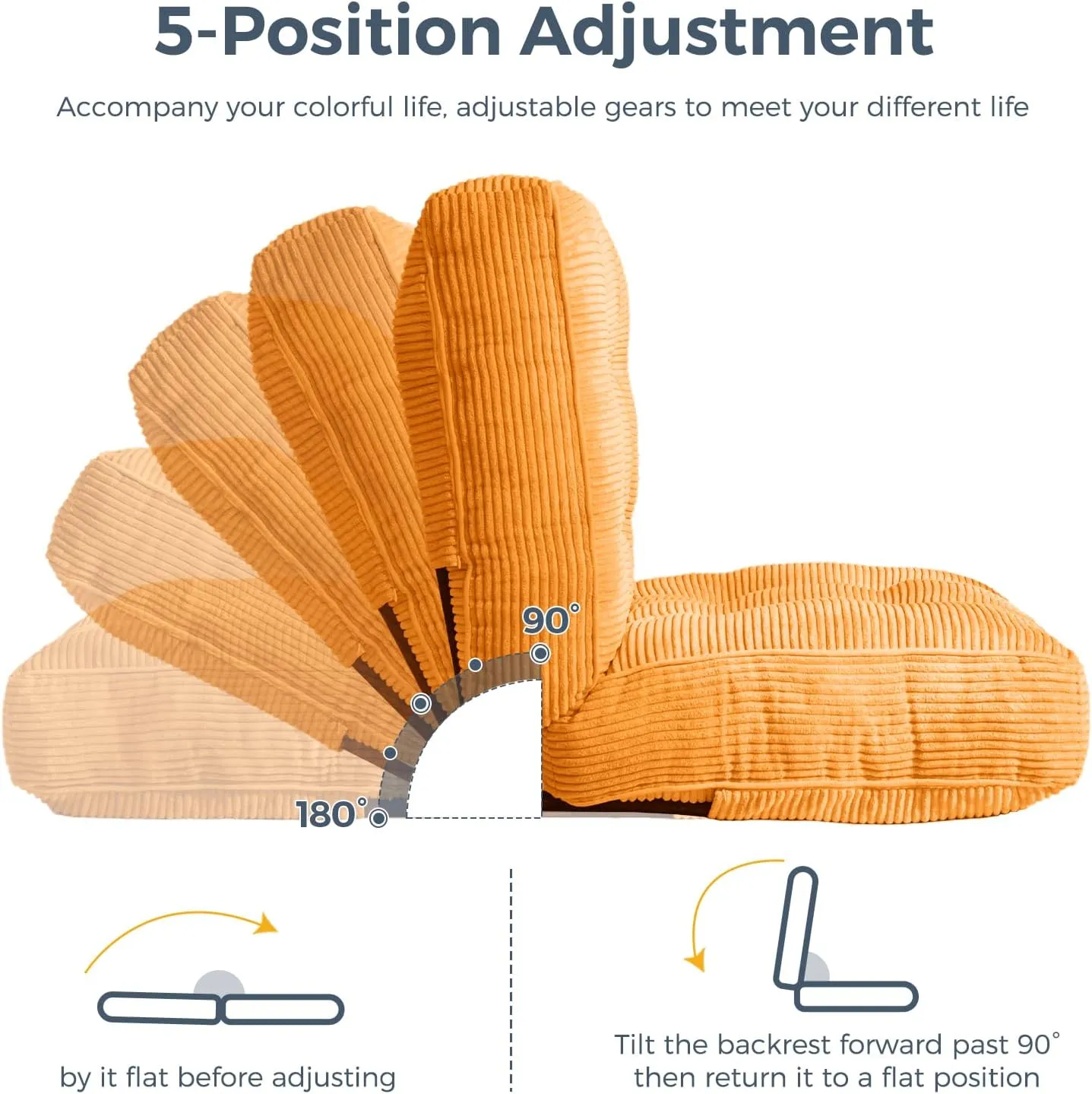 MAXYOYO Adjustable Floor Chair with Back Support, Gaming Floor Meditation Chair with Tufted Cushion, Adults Lounge Couch Folding Sofa Seat for Reading Meditating Sleeping, Orange