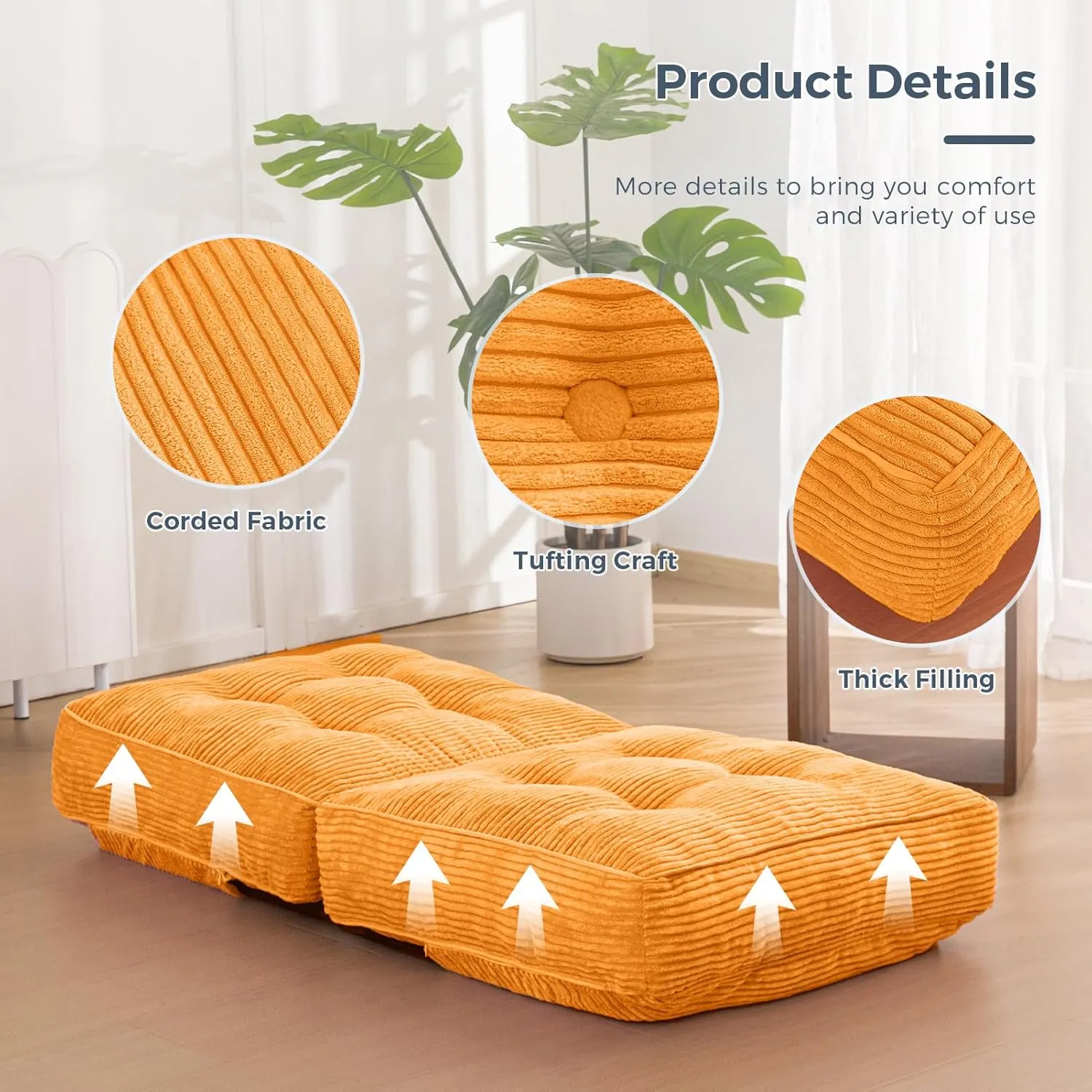 MAXYOYO Adjustable Floor Chair with Back Support, Gaming Floor Meditation Chair with Tufted Cushion, Adults Lounge Couch Folding Sofa Seat for Reading Meditating Sleeping, Orange