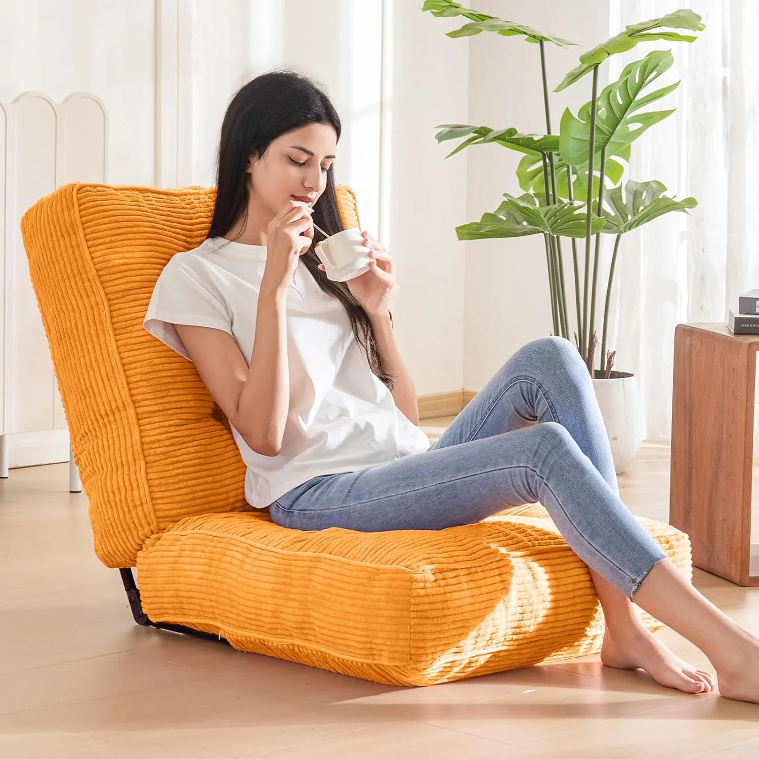 MAXYOYO Adjustable Floor Chair with Back Support, Gaming Floor Meditation Chair with Tufted Cushion, Adults Lounge Couch Folding Sofa Seat for Reading Meditating Sleeping, Orange