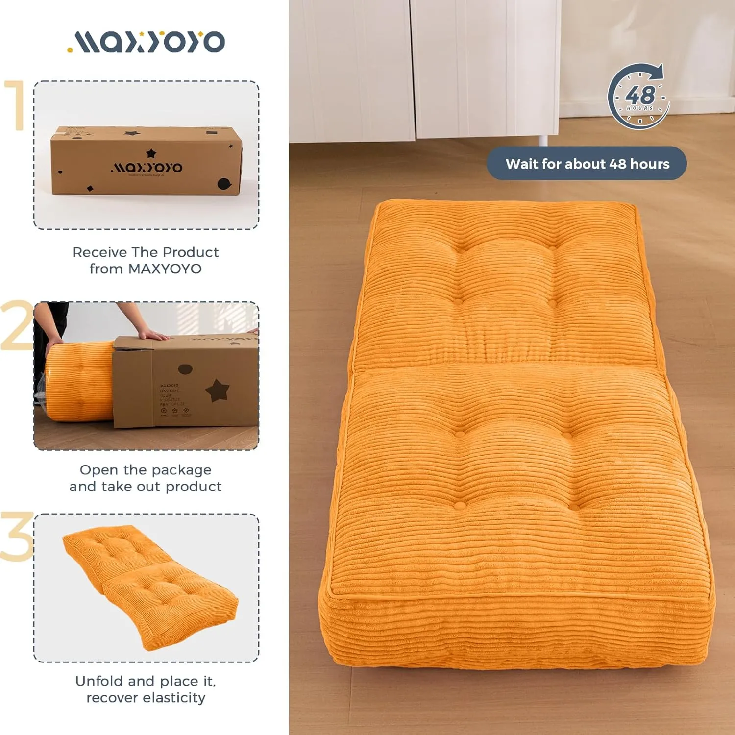 MAXYOYO Adjustable Floor Chair with Back Support, Gaming Floor Meditation Chair with Tufted Cushion, Adults Lounge Couch Folding Sofa Seat for Reading Meditating Sleeping, Orange