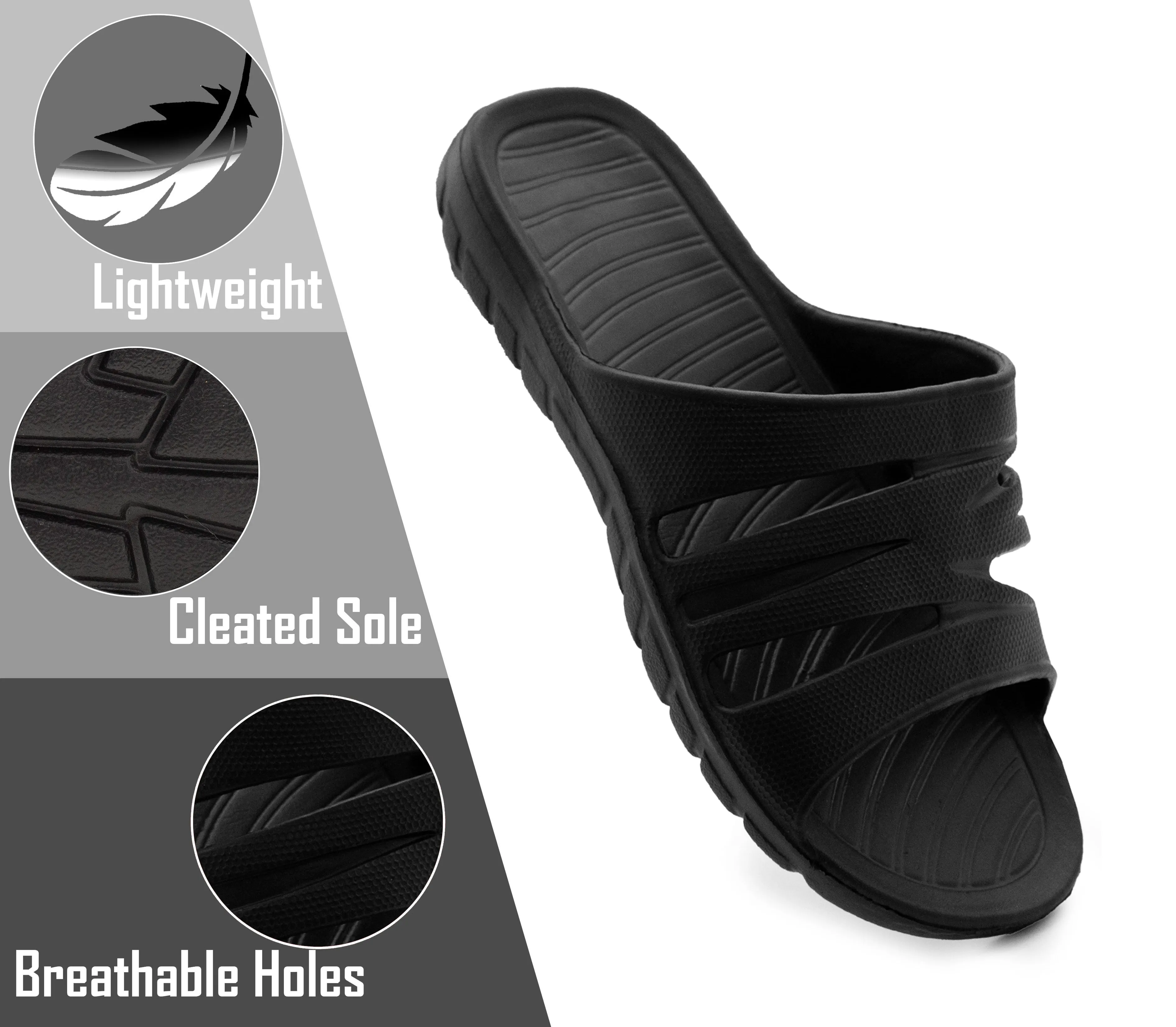 Mens All Black Sliders EVA Lightweight Pool Slides Summer Beach Shower Bathroom House Slipper Mules Sandals Flip Flops