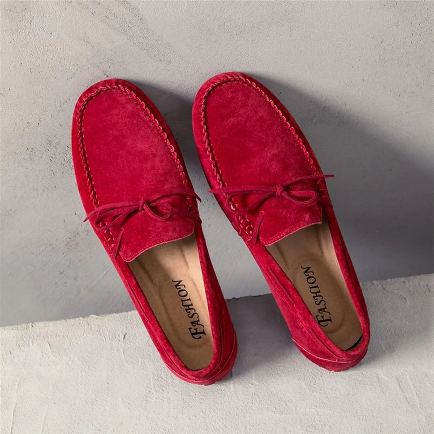 Mens Loafers Deck Shoes Genuine Leather Stitching Details Round Toe 1-Eye Suede Vamp Lightweight Slip Resistant Flexible Classic Slip-on