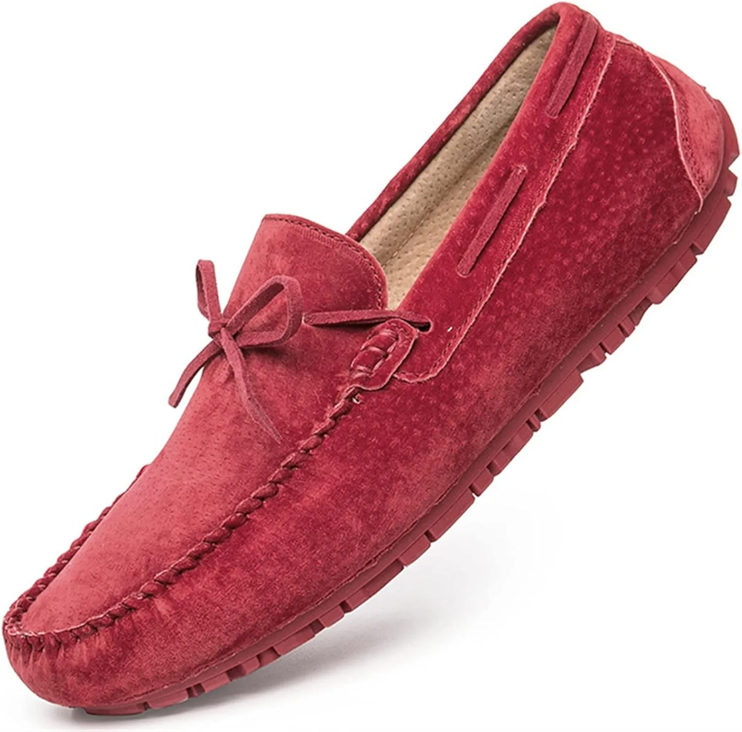 Mens Loafers Deck Shoes Genuine Leather Stitching Details Round Toe 1-Eye Suede Vamp Lightweight Slip Resistant Flexible Classic Slip-on