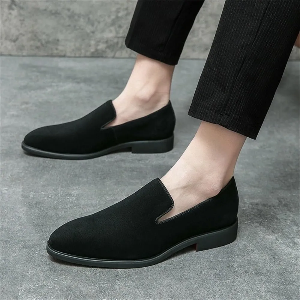 Men's Suede Oxford Loafers Slip On Pointed Toe Casual Business Office Shoes Wear Resistant Height Increasing Stylish Bean Shoes