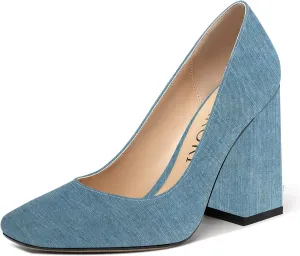 MERRORI Women's Patent Block Square Toe Solid Slip On Chunky High Heel Pumps Shoes 4 Inch