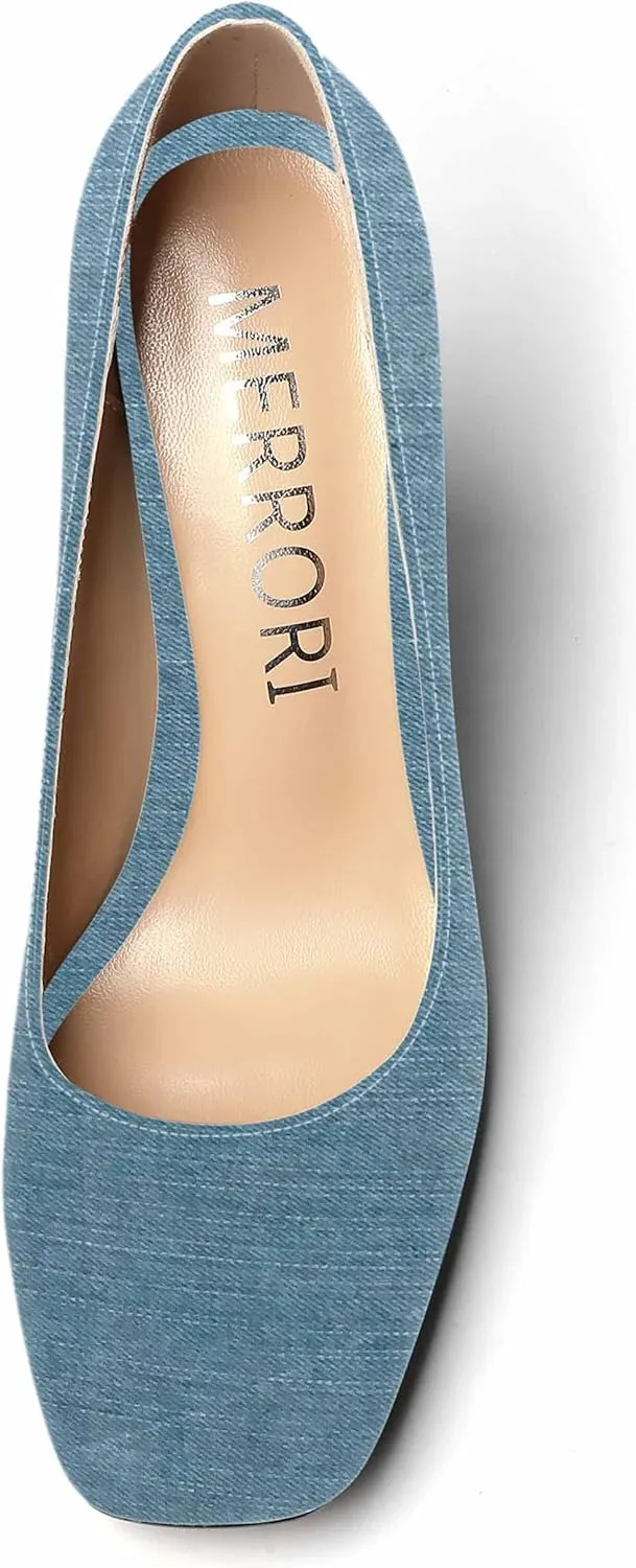 MERRORI Women's Patent Block Square Toe Solid Slip On Chunky High Heel Pumps Shoes 4 Inch