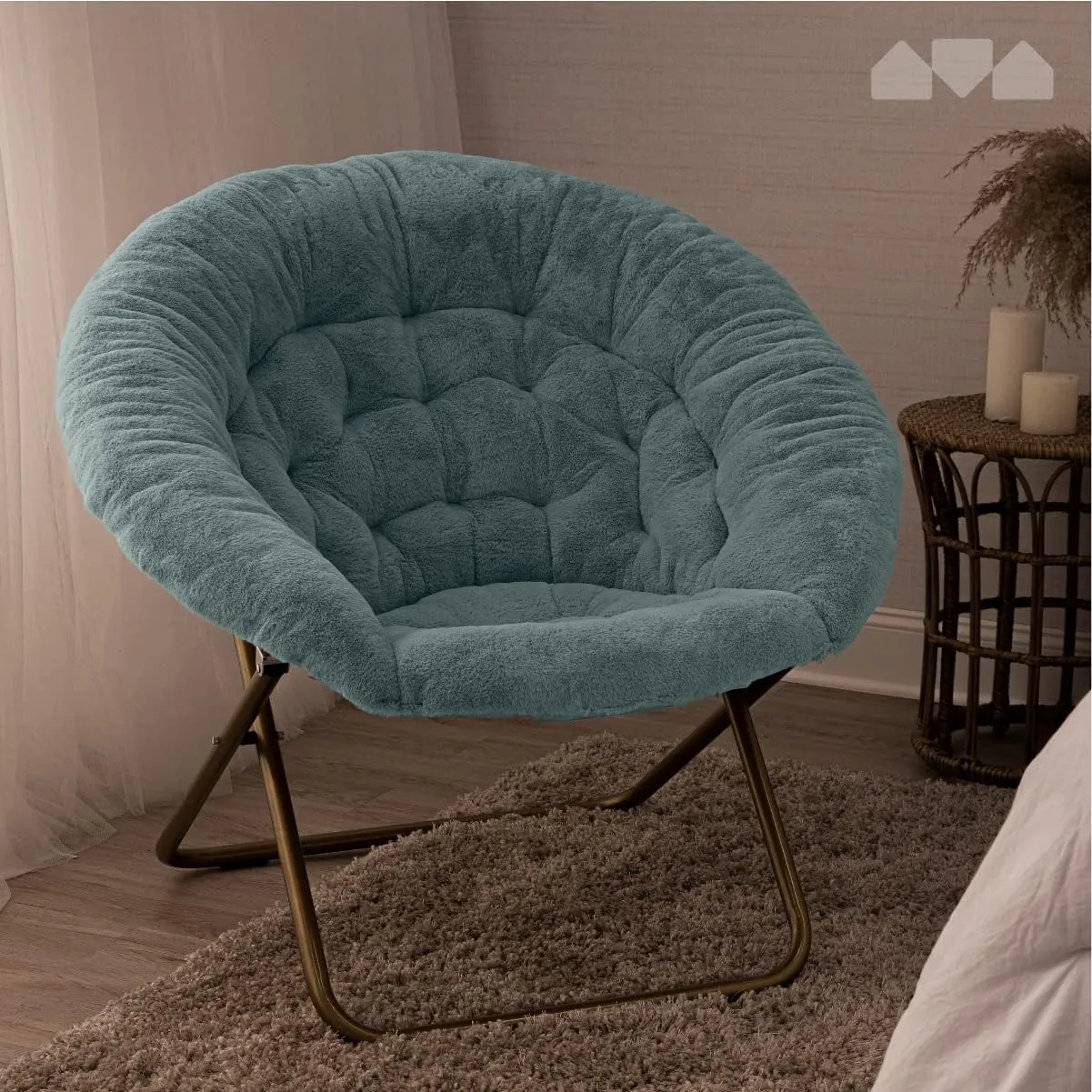 Milliard Saucer Chair For Adults, Teens & Kids, Blue, Faux Fur XL Circle Chair for Bedroom, Dorm & Gaming, Foldable Comfy Accent Seat for Small Spaces, Folding Moon / Mushroom / Round Oversized Style