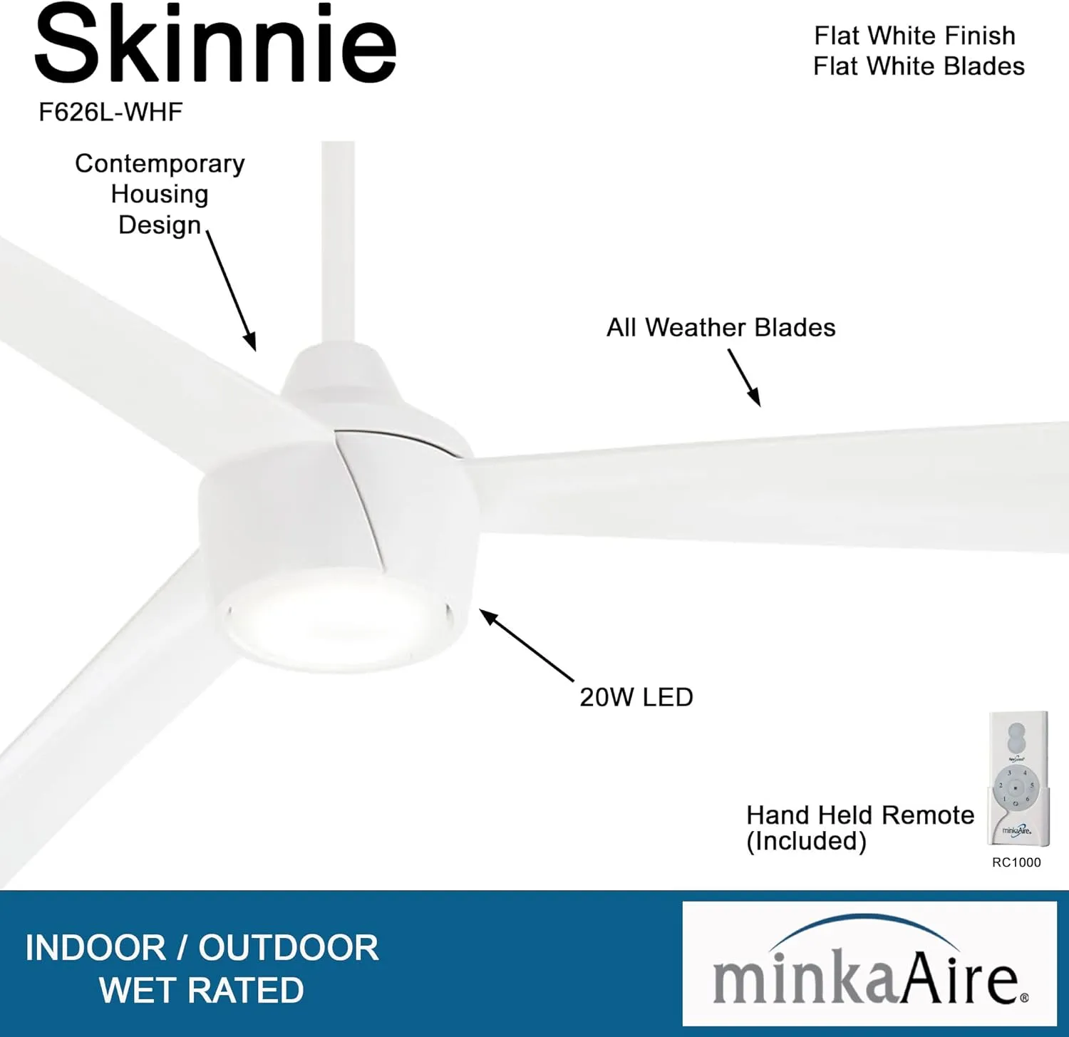 MINKA-AIRE F626L-WHF Skinnie 56" Ceiling Fan with Integrated LED Light in Flat White Finish