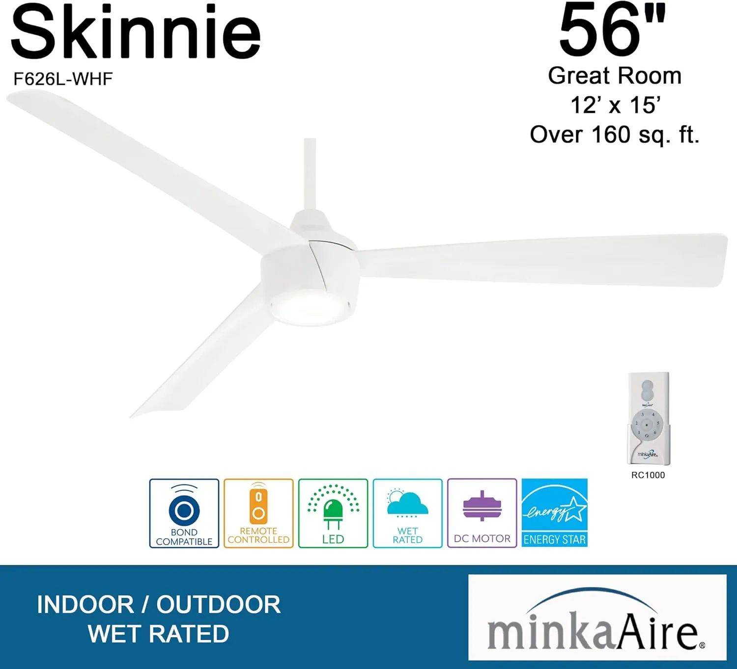 MINKA-AIRE F626L-WHF Skinnie 56" Ceiling Fan with Integrated LED Light in Flat White Finish