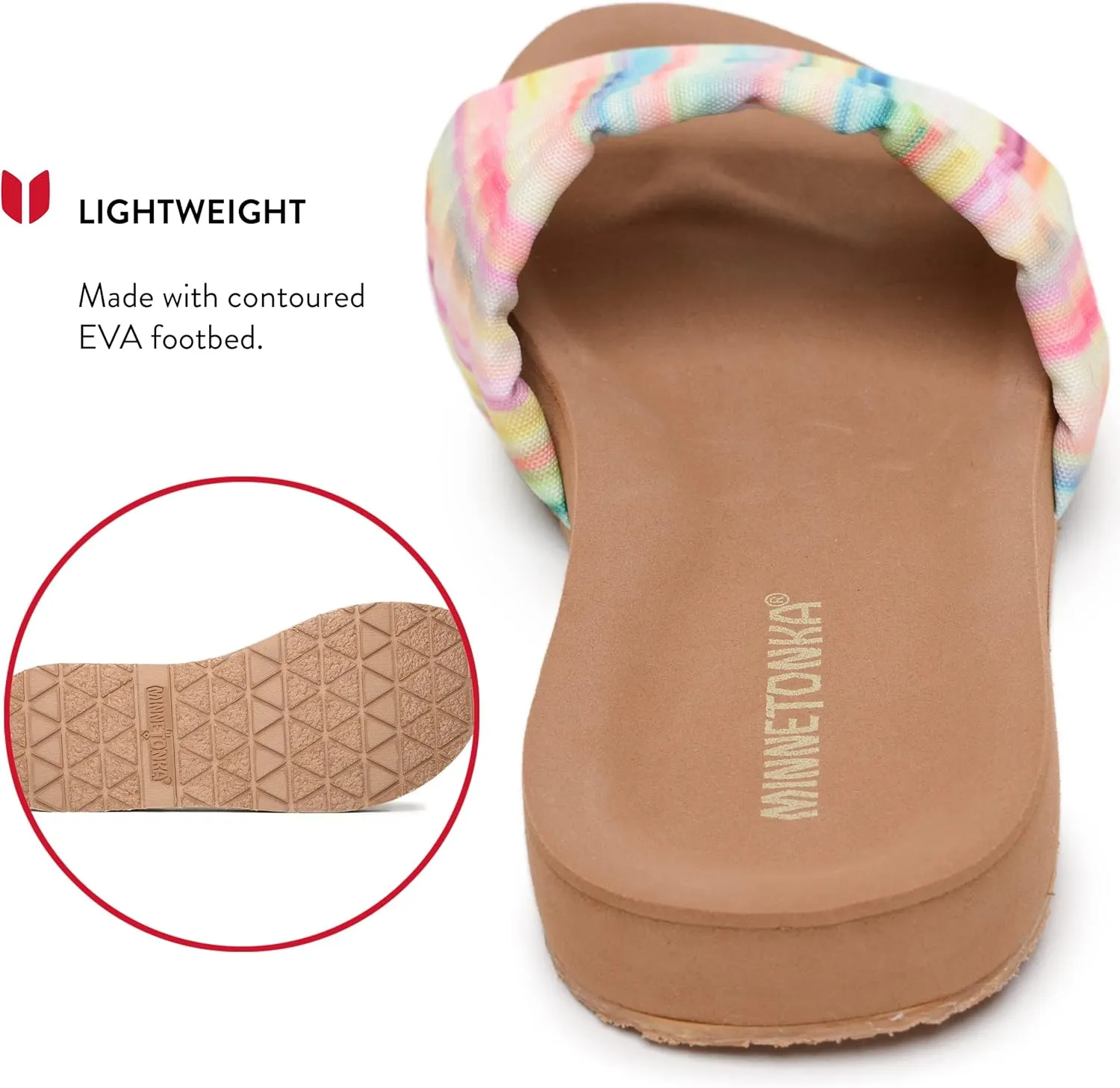 Minnetonka Heidi - Comfy Slides for Women Featuring Vibrant Fabric Print Design, Classic Slip-On Style, Contoured EVA Footbed, Rubber Outsole, and Fabric Upper