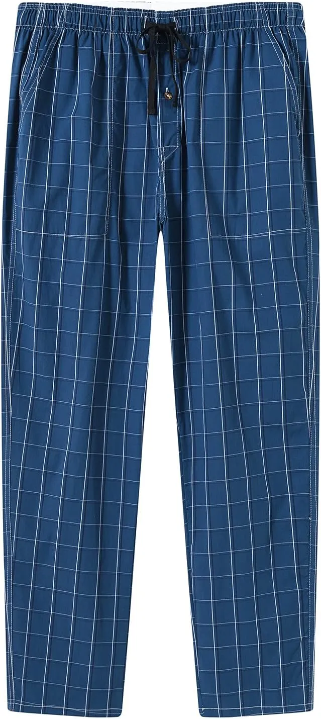 MoFiz Mens Pajama Bottoms Cotton 3 Pack Lounge Pants Set with Pockets Drawstring Plaid Pjs Bottoms Sleepwear with Button Fly