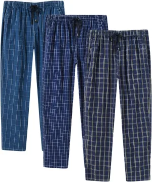 MoFiz Mens Pajama Bottoms Cotton 3 Pack Lounge Pants Set with Pockets Drawstring Plaid Pjs Bottoms Sleepwear with Button Fly