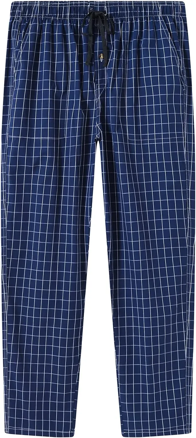 MoFiz Mens Pajama Bottoms Cotton 3 Pack Lounge Pants Set with Pockets Drawstring Plaid Pjs Bottoms Sleepwear with Button Fly
