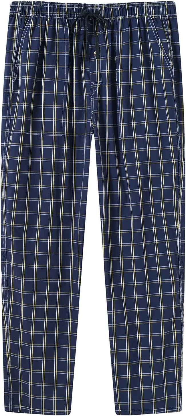 MoFiz Mens Pajama Bottoms Cotton 3 Pack Lounge Pants Set with Pockets Drawstring Plaid Pjs Bottoms Sleepwear with Button Fly