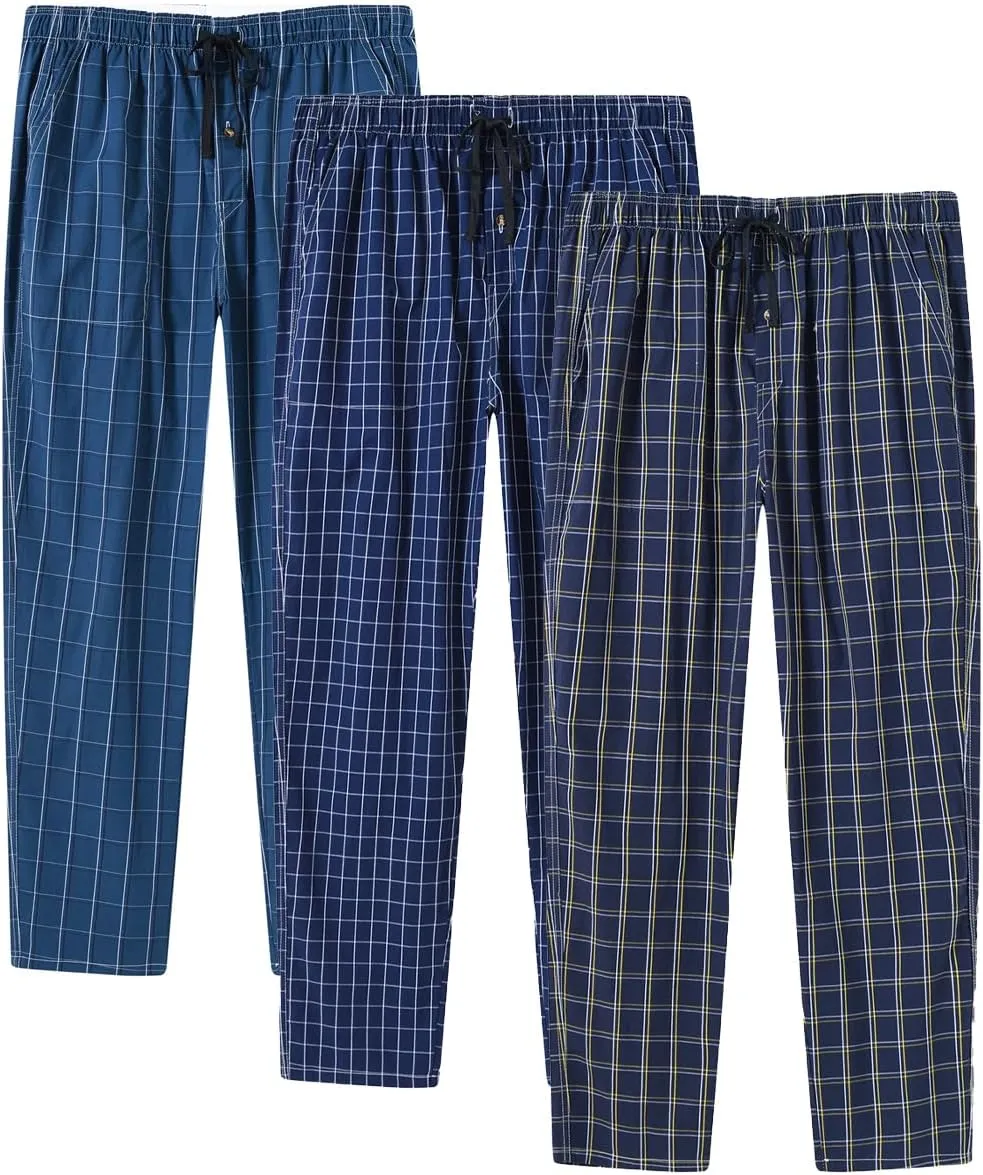 MoFiz Mens Pajama Bottoms Cotton 3 Pack Lounge Pants Set with Pockets Drawstring Plaid Pjs Bottoms Sleepwear with Button Fly