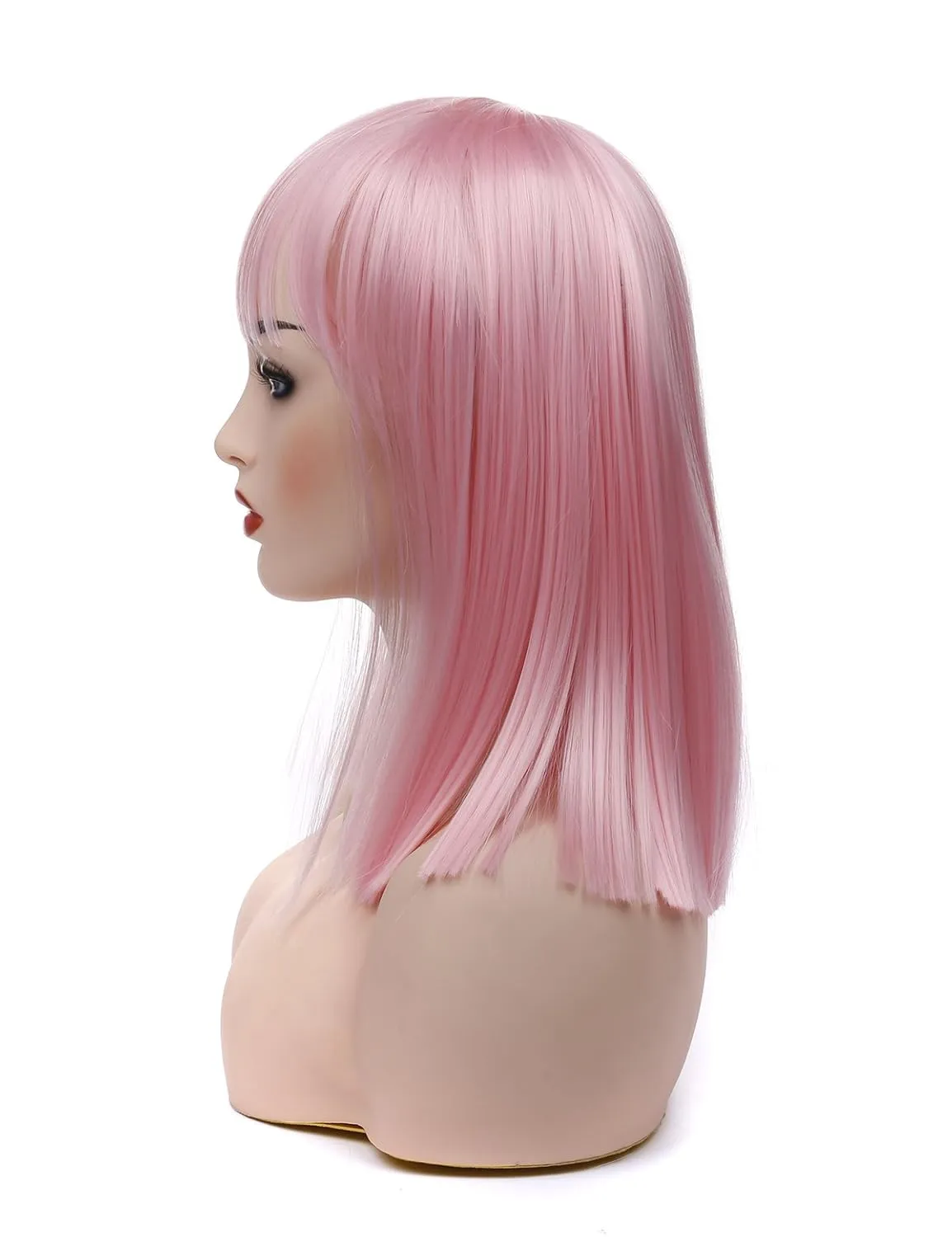 morvally Short Straight Bob Wig with Flat Bangs Natural Looking Heat Resistant Hair Cosplay Costume Wigs (14 inches Pink)