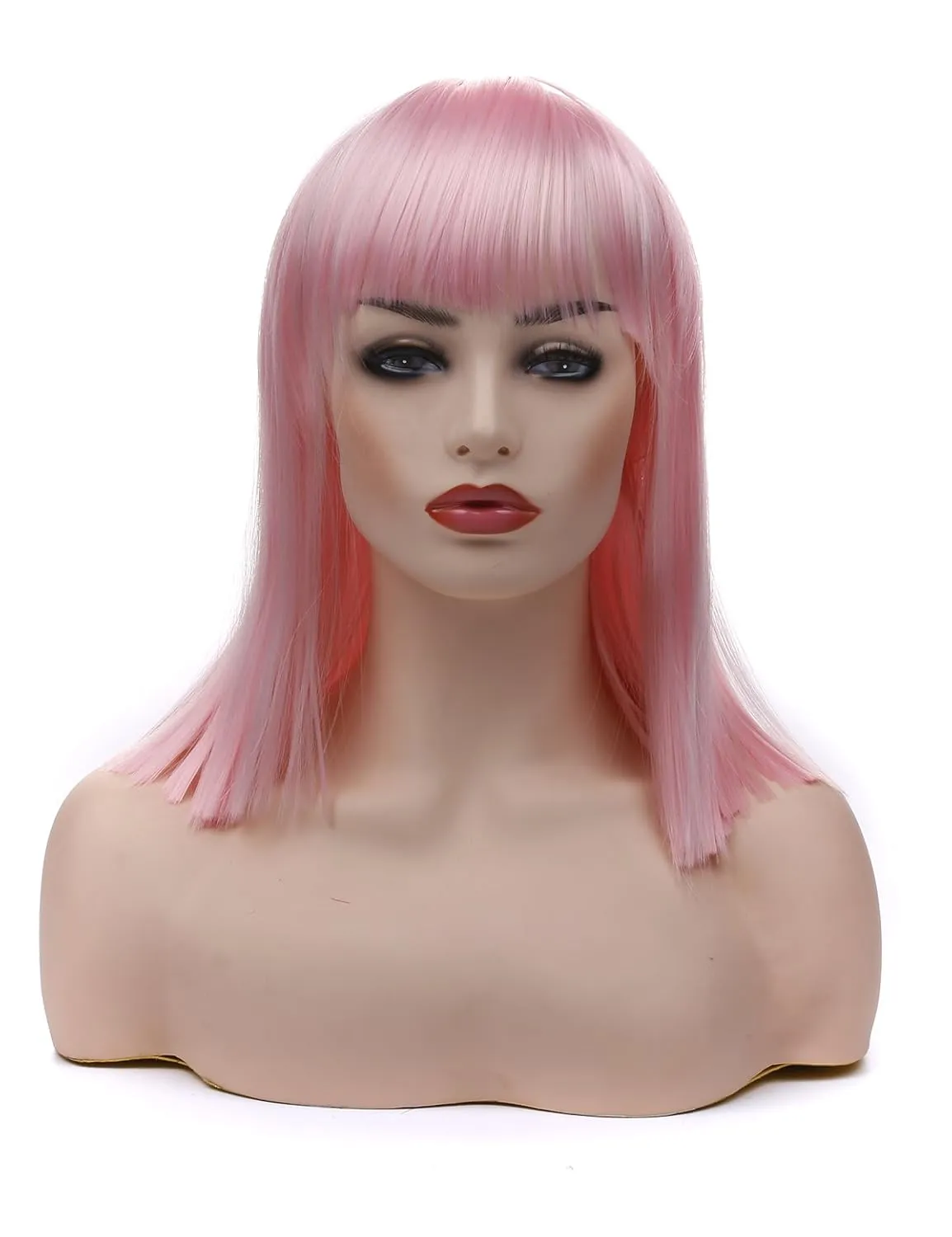 morvally Short Straight Bob Wig with Flat Bangs Natural Looking Heat Resistant Hair Cosplay Costume Wigs (14 inches Pink)