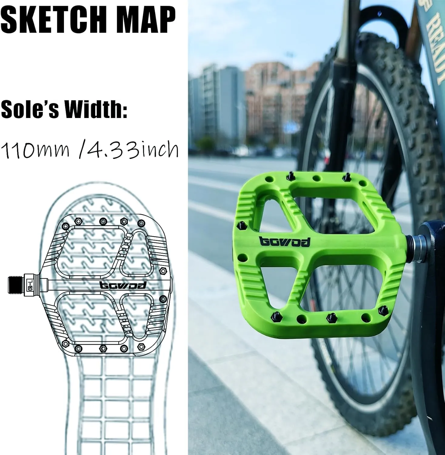 MTB Pedals Flat Mountain Bike Pedals Adult, Light and Wide Nylon Composite Bicycle Platform Pedal w Grippy Pins, 9/16" Cr-Mo Spindle 2 Bearings, Clipless Pedals for BMX Gravel Road E.Bike 9/16"