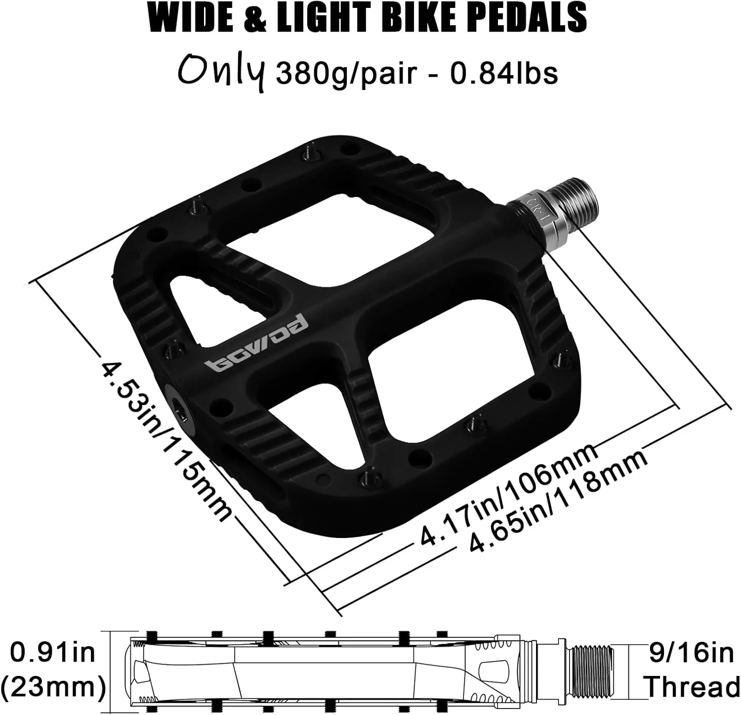 MTB Pedals Flat Mountain Bike Pedals Adult, Light and Wide Nylon Composite Bicycle Platform Pedal w Grippy Pins, 9/16" Cr-Mo Spindle 2 Bearings, Clipless Pedals for BMX Gravel Road E.Bike 9/16"