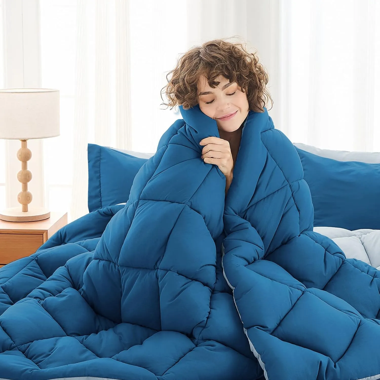 MUXHOMO Queen Comforter Set 7 Pieces, Reversible Bed in a Bag Queen Size, Bedding Set with Comforter, Flat Sheet, Fitted Sheet, Pillowcases & Shams, Bluish Green & Lake Blue