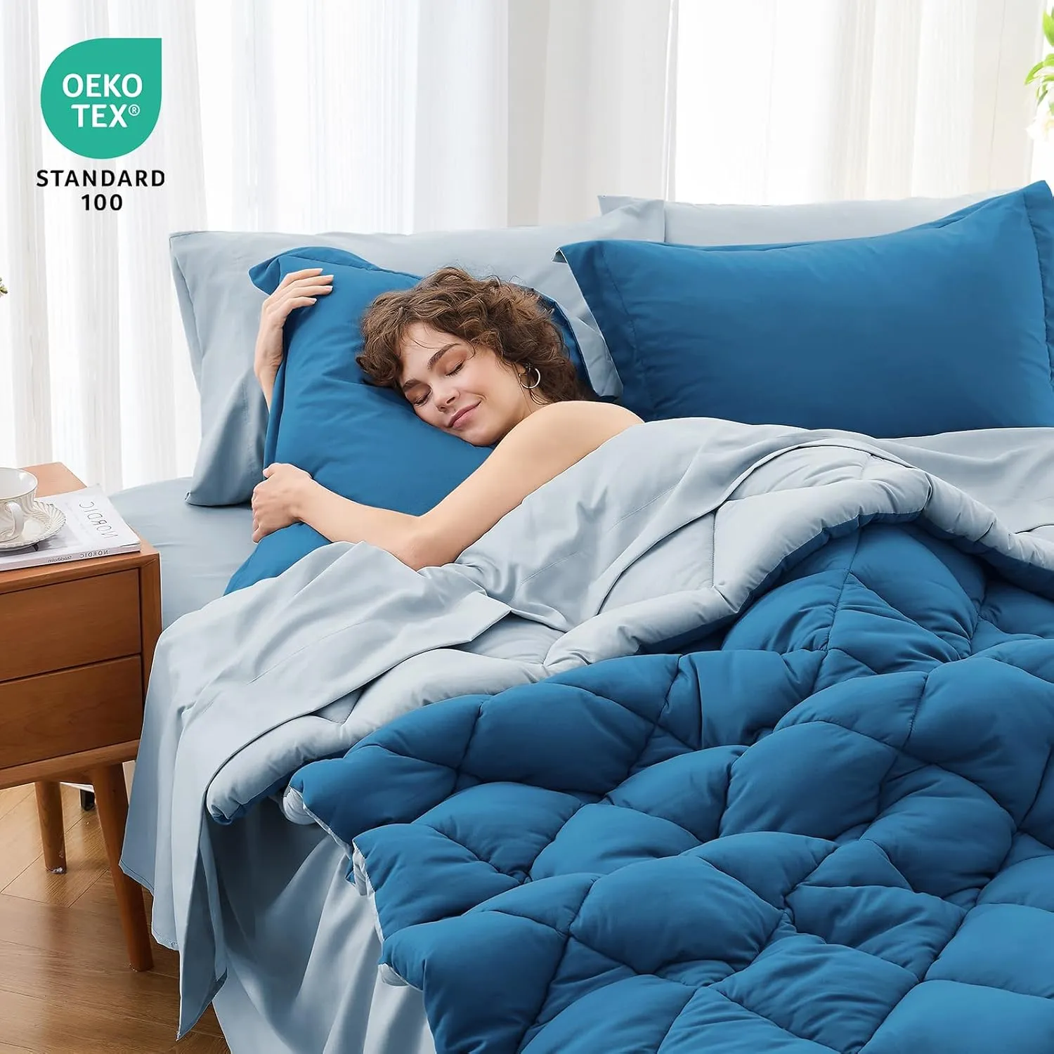 MUXHOMO Queen Comforter Set 7 Pieces, Reversible Bed in a Bag Queen Size, Bedding Set with Comforter, Flat Sheet, Fitted Sheet, Pillowcases & Shams, Bluish Green & Lake Blue