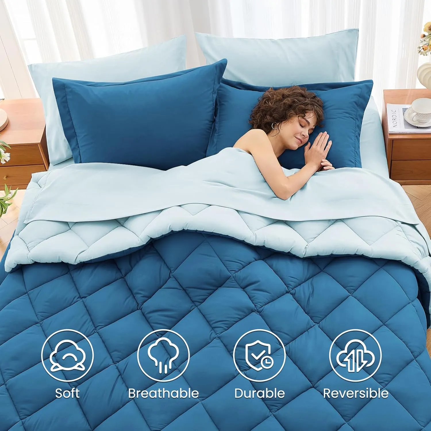 MUXHOMO Queen Comforter Set 7 Pieces, Reversible Bed in a Bag Queen Size, Bedding Set with Comforter, Flat Sheet, Fitted Sheet, Pillowcases & Shams, Bluish Green & Lake Blue