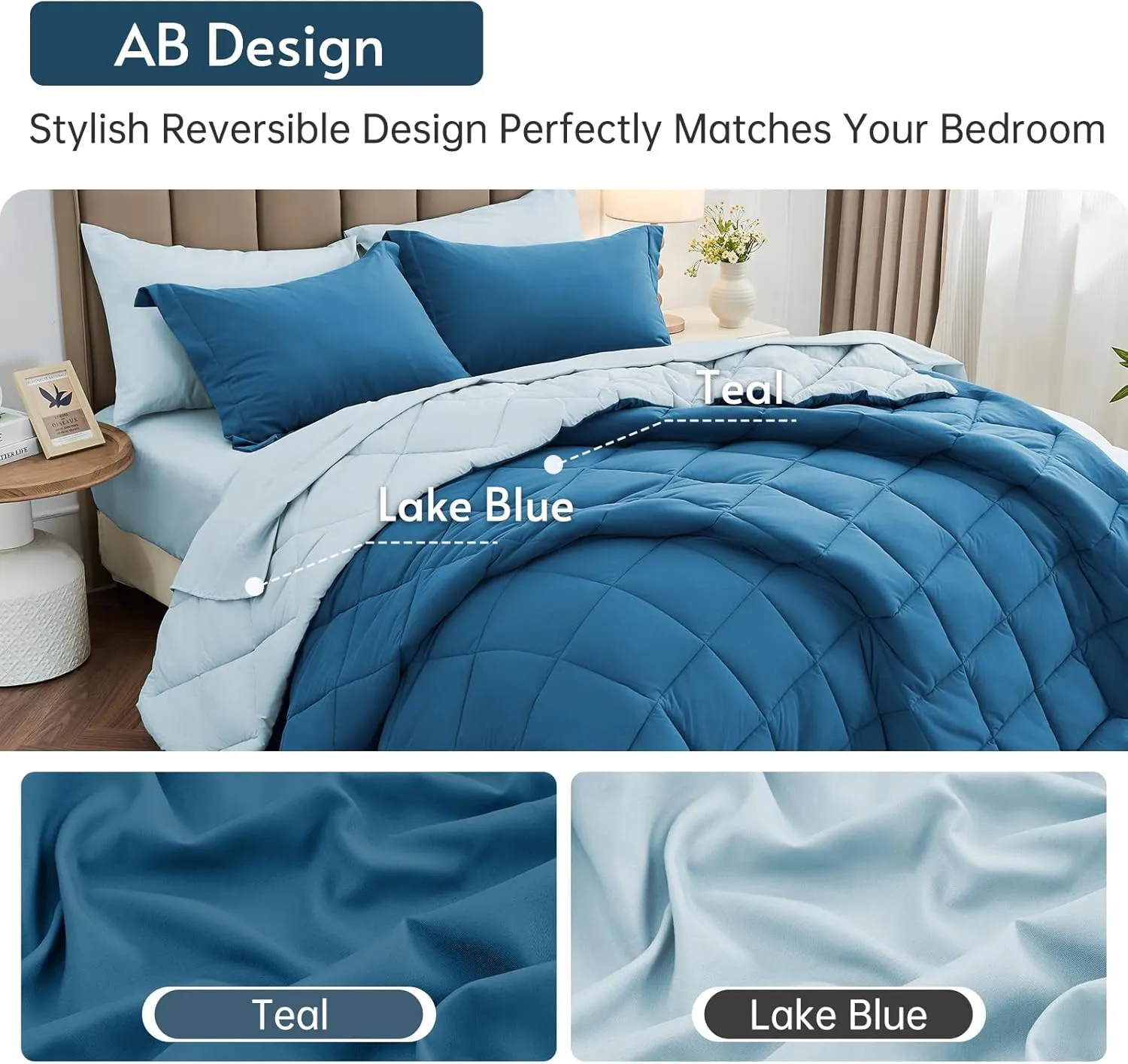 MUXHOMO Queen Comforter Set 7 Pieces, Reversible Bed in a Bag Queen Size, Bedding Set with Comforter, Flat Sheet, Fitted Sheet, Pillowcases & Shams, Bluish Green & Lake Blue