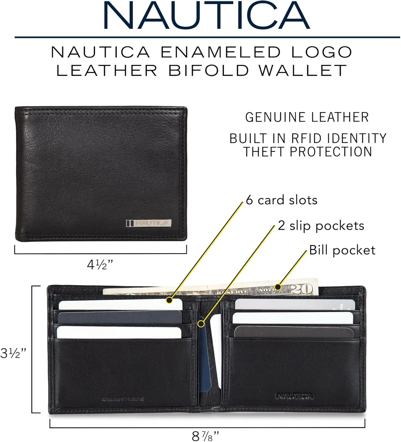 Nautica Men's Bifold Leather Wallet | RFID Blocking | ID Window | Card Slots | Organization | Durable | Stylish