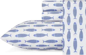 Nautica - Twin XL Bed Sheets, Cotton Percale Bedding Set with Matching Pillowcase, Elasticized, Dorm Essentials (Woodblock Fish Blue)