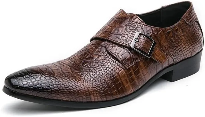 New Dress Shoes for Men Slip On Pointed Burnished Toe Faux Leather Crocodile Print Monk Strap Low Top Rubber Sole Block Heel Working