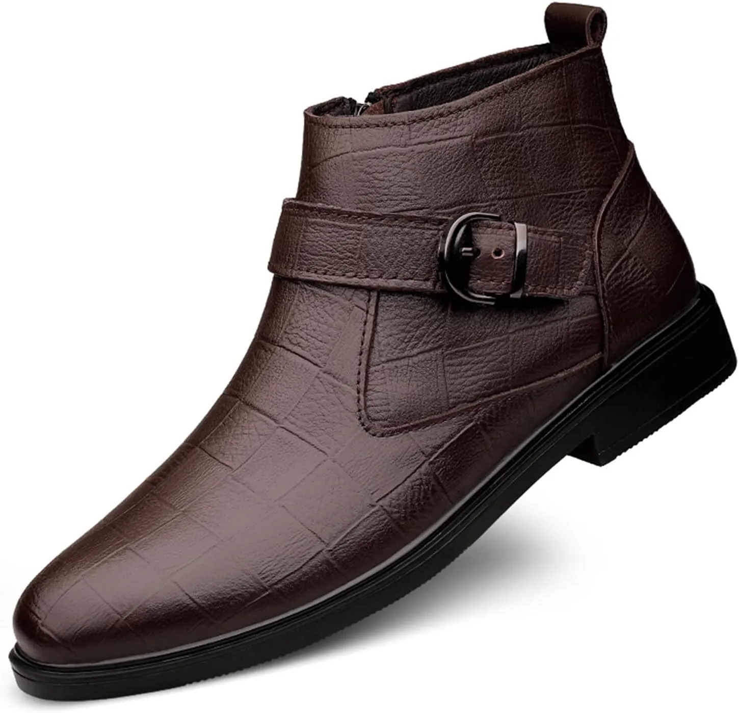 New Men Chelsea Boots Lattice With Buckle Side Zip Cowhide Leather Slip On Wearable Waterproof Non Slip Formal Fashion Pull On