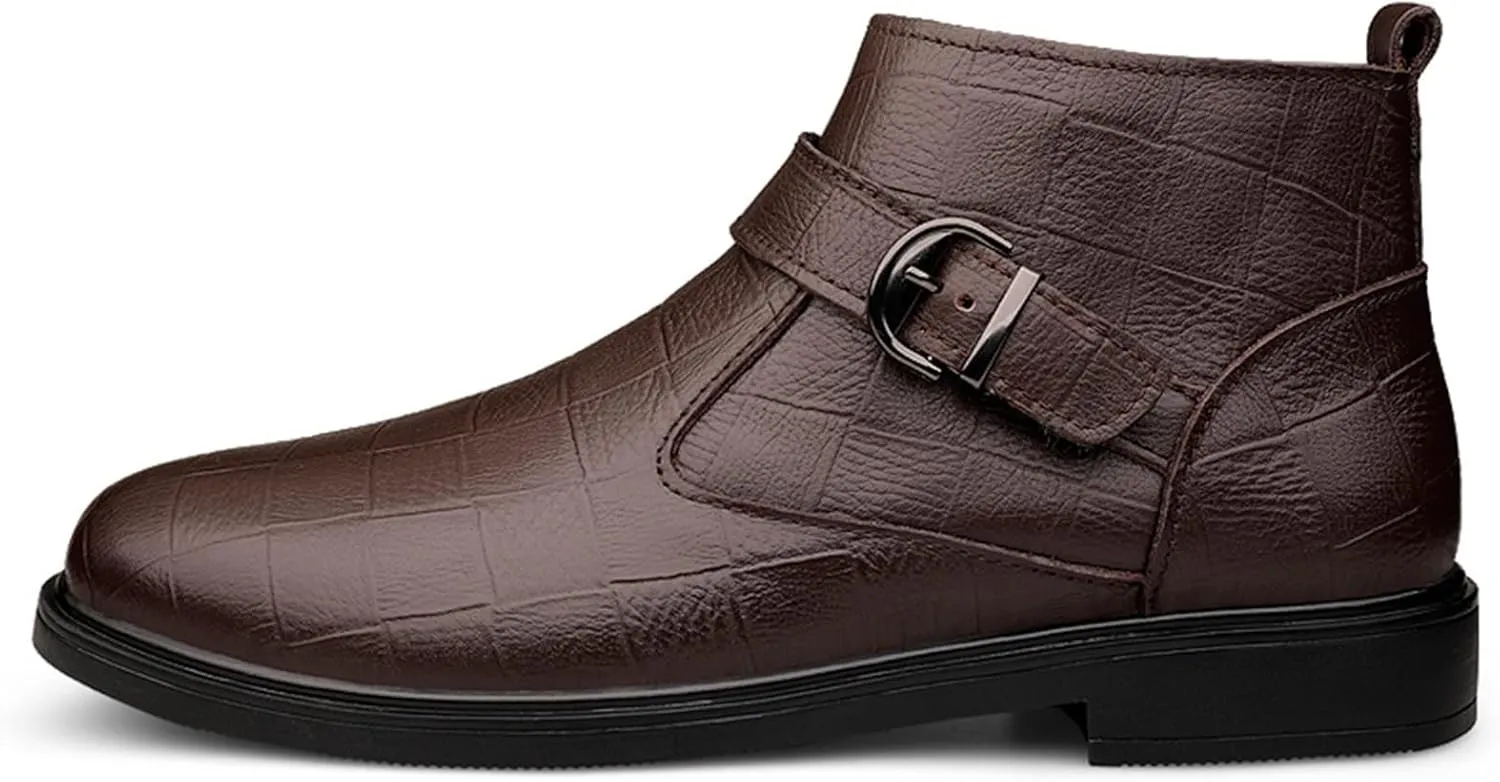New Men Chelsea Boots Lattice With Buckle Side Zip Cowhide Leather Slip On Wearable Waterproof Non Slip Formal Fashion Pull On