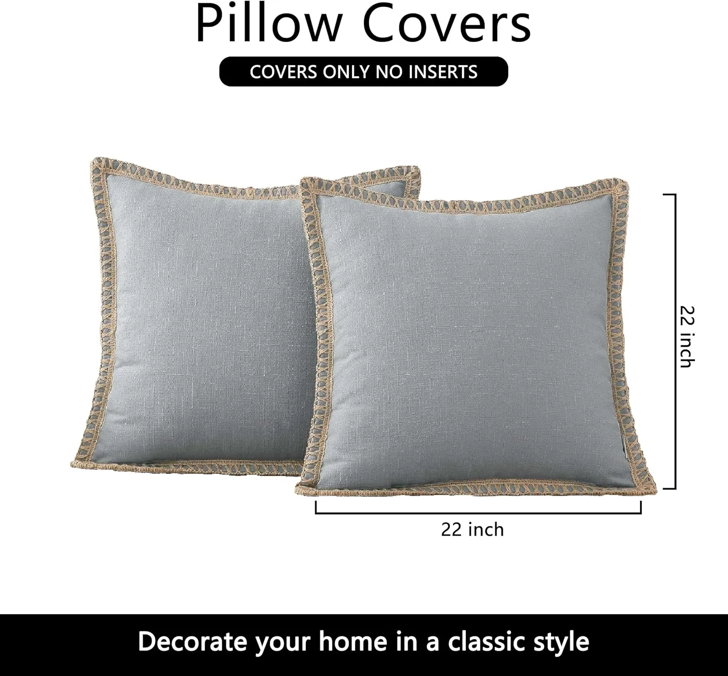 NordECO HOME Set of 2 Throw Pillow Covers - Burlap Linen Trimmed Tailored Edges Decorative Cushion Covers for Bed Home Decoration (2 Pieces, 22" x22", Concrete Grey)