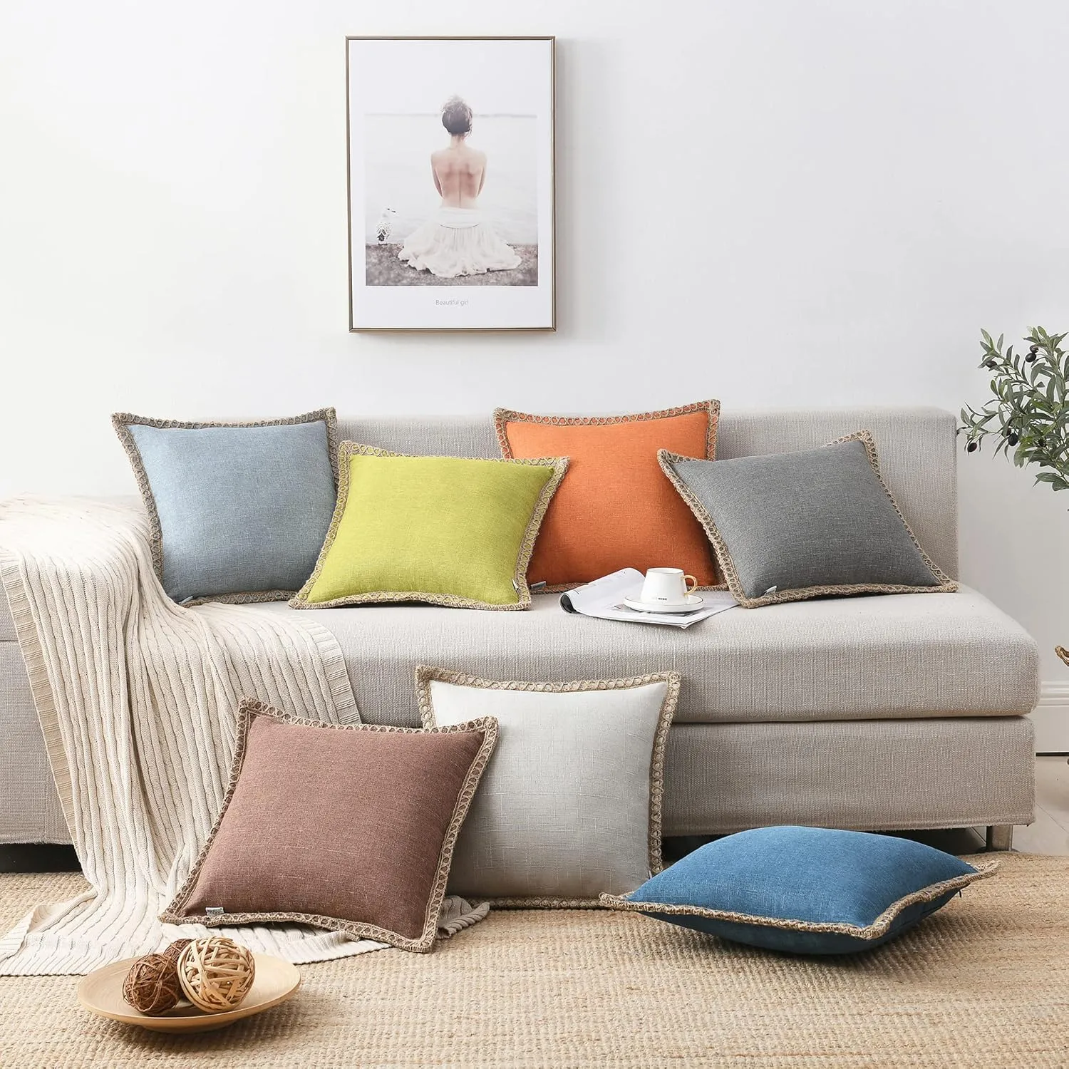 NordECO HOME Set of 2 Throw Pillow Covers - Burlap Linen Trimmed Tailored Edges Decorative Cushion Covers for Bed Home Decoration (2 Pieces, 22" x22", Concrete Grey)