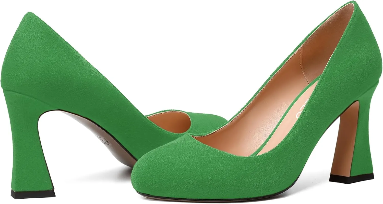 NUMALEO Womens Wedding Suede Fashion Round Toe Slip On Stylish Block High Heel Pumps Shoes 3.3 Inch