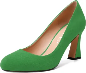 NUMALEO Womens Wedding Suede Fashion Round Toe Slip On Stylish Block High Heel Pumps Shoes 3.3 Inch