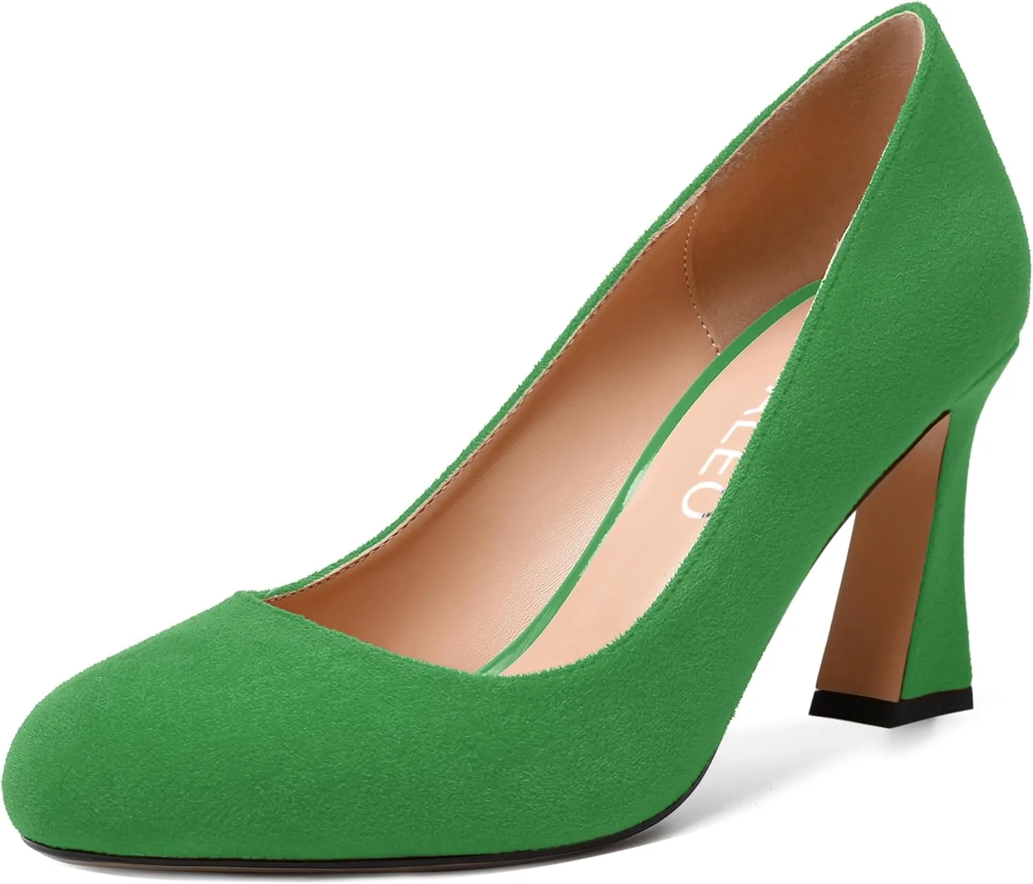 NUMALEO Womens Wedding Suede Fashion Round Toe Slip On Stylish Block High Heel Pumps Shoes 3.3 Inch