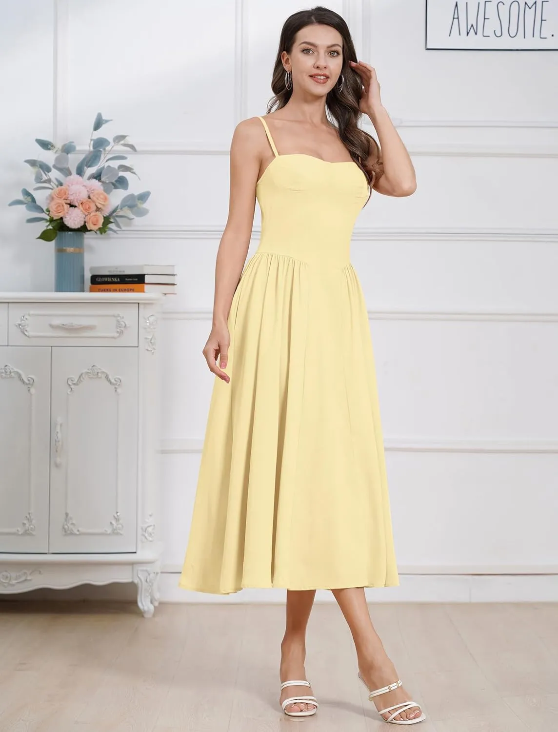 ODIZLI Womens Corset Dress Summer Sundress Spaghetti Straps Low Cut Bustier Cami Midi Dress with Pockets Solid/Floral Print