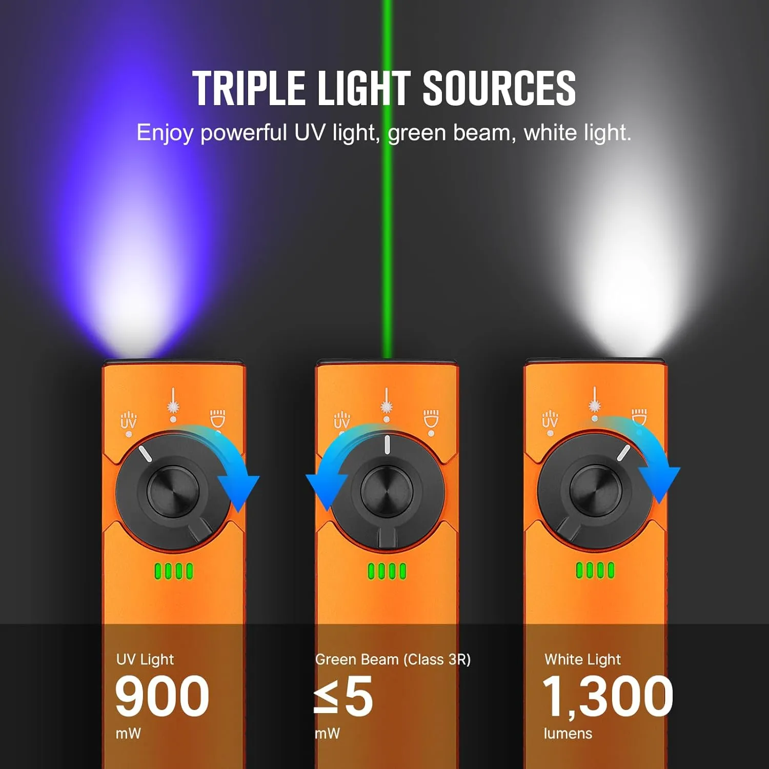 OLIGHT Arkfeld Pro Rechargeable EDC Flat Flashlight with Green Beam, UV and White LED Combo, 1300 Lumens Portable Pocket Lights, Triple Sources for Outdoors Emergency Working (Orange CW)